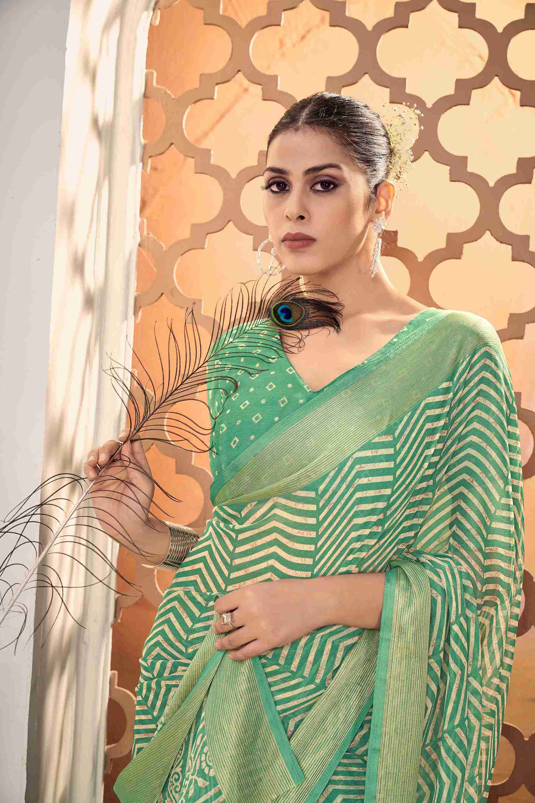 Sea Green Chiffon Zigzag Printed Saree