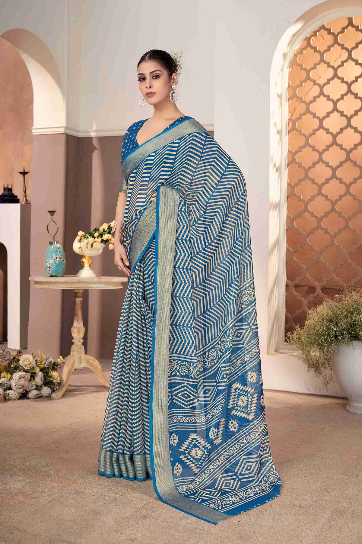 Light Navy Blue Chiffon Zigzag Printed Saree