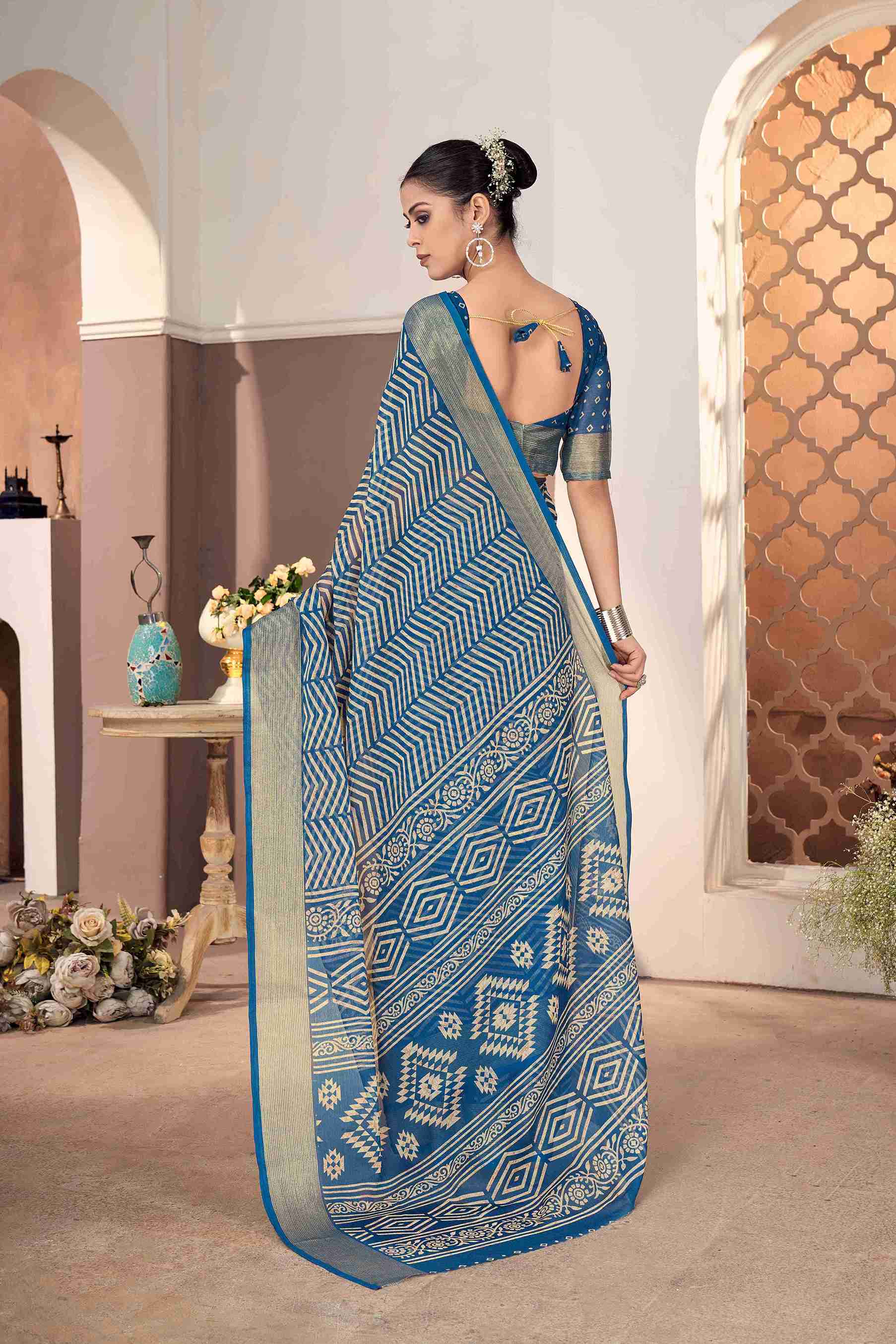 Light Navy Blue Chiffon Zigzag Printed Saree