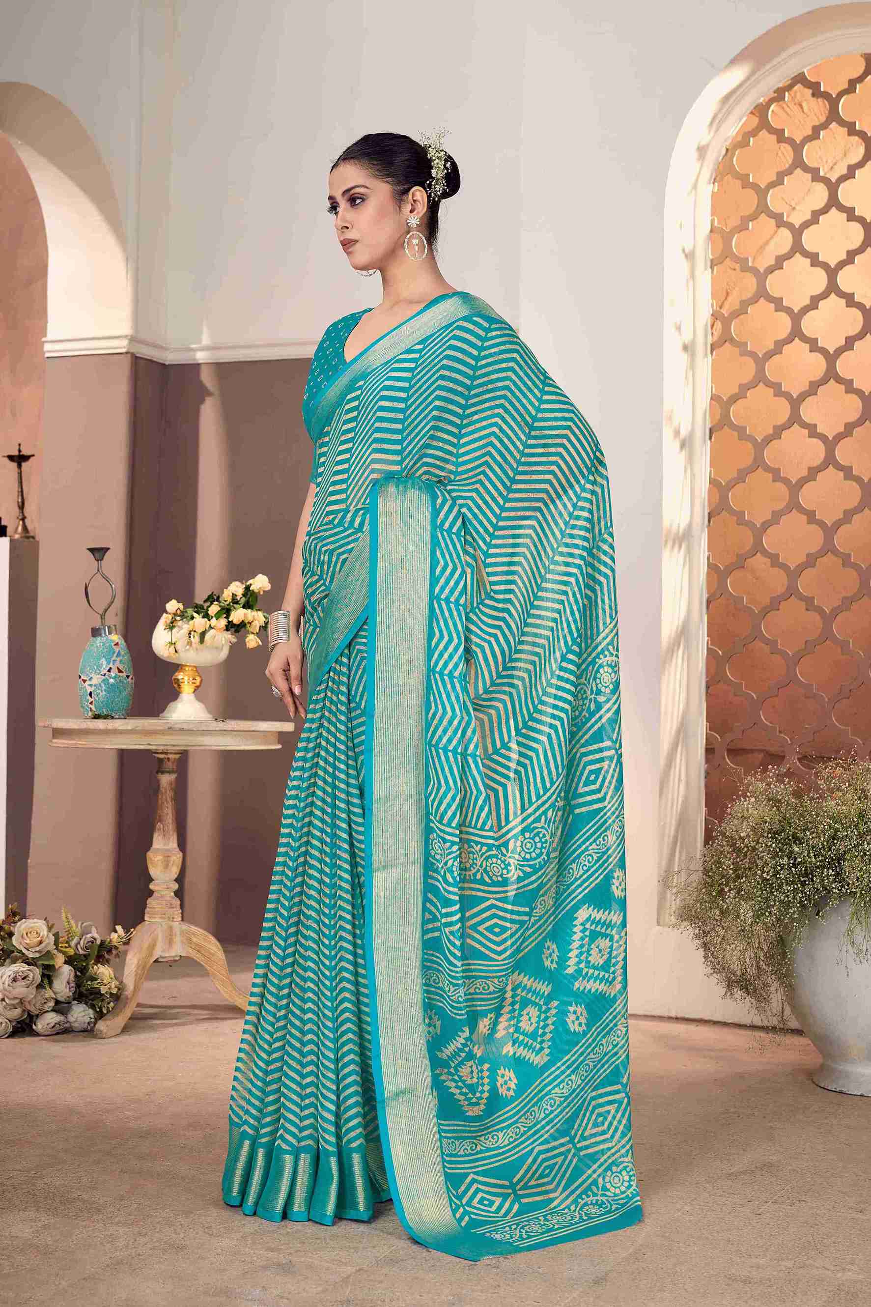 Teal Blue Chiffon Zigzag Printed Saree