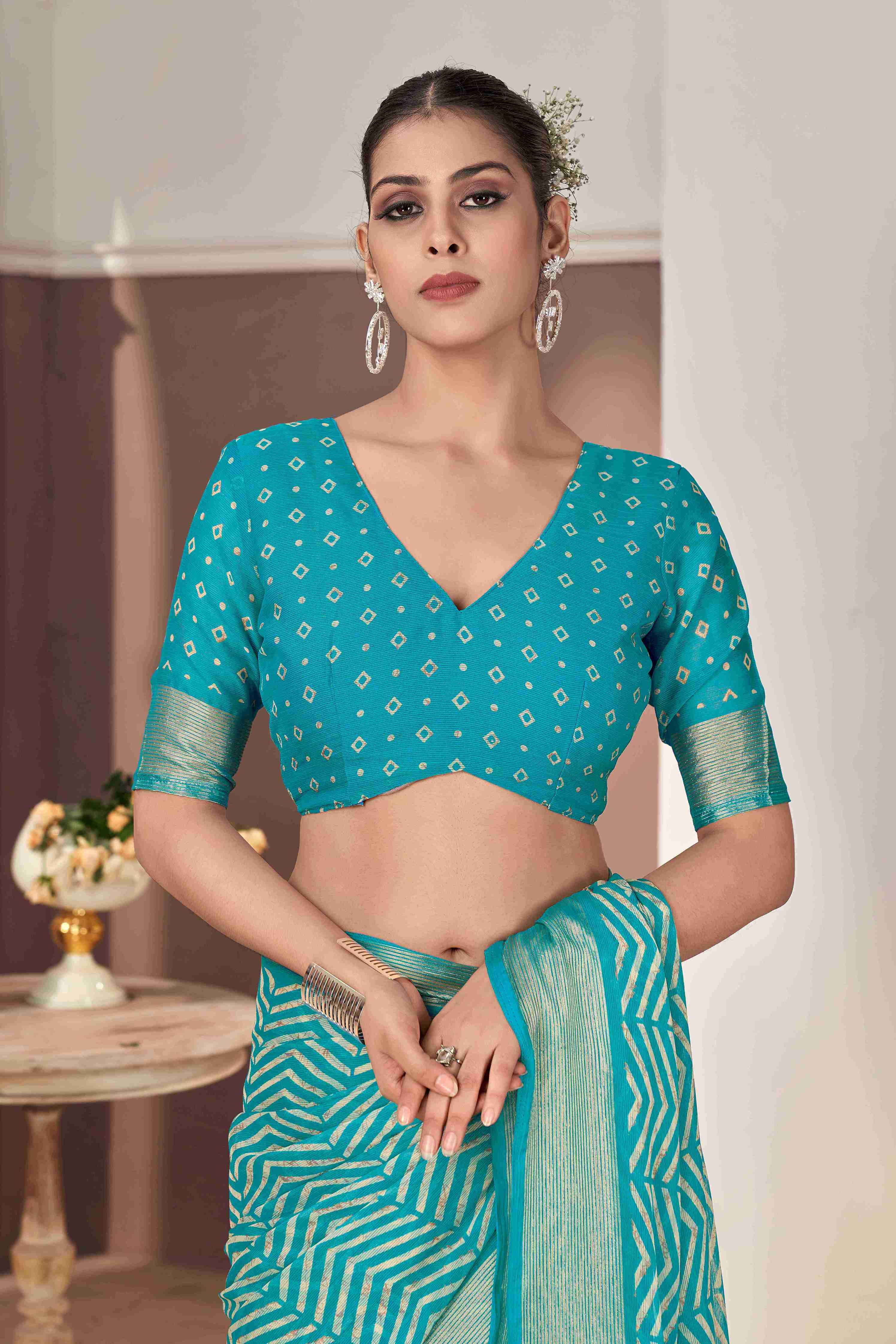 Teal Blue Chiffon Zigzag Printed Saree