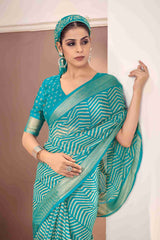 Teal Blue Chiffon Zigzag Printed Saree