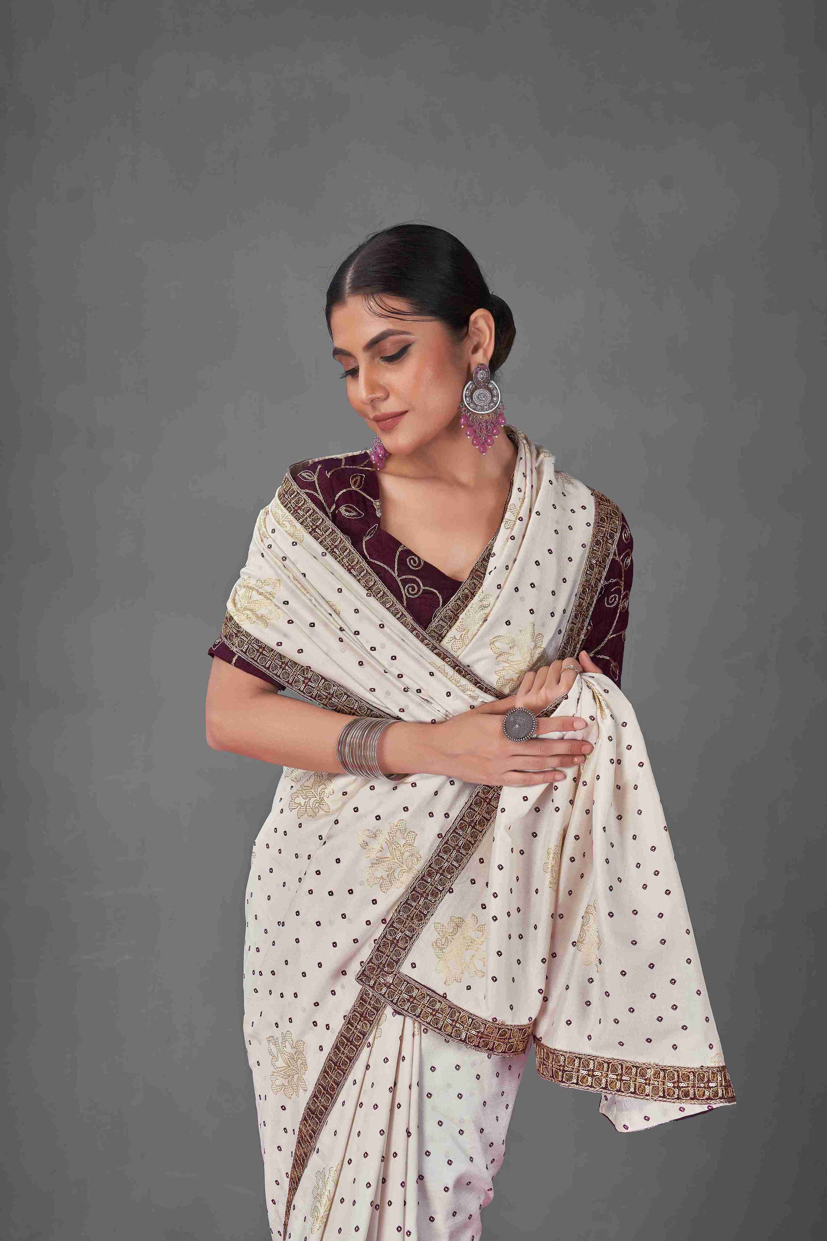 Off White Wine Tussar Silk Bandhani Printed Saree