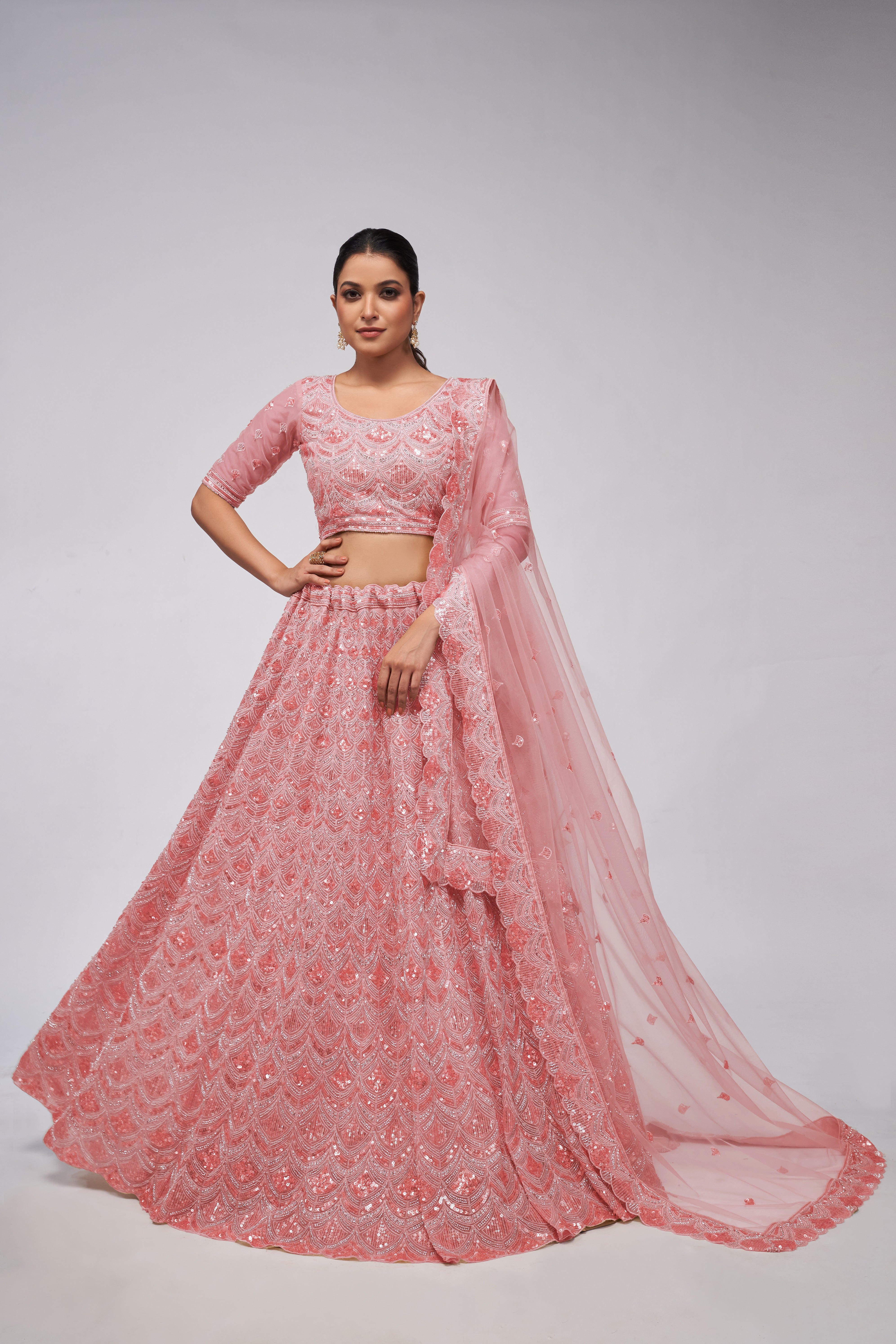 Pink Net Diwali Special Lehenga With Embroidery And Sequins Wedding Wear