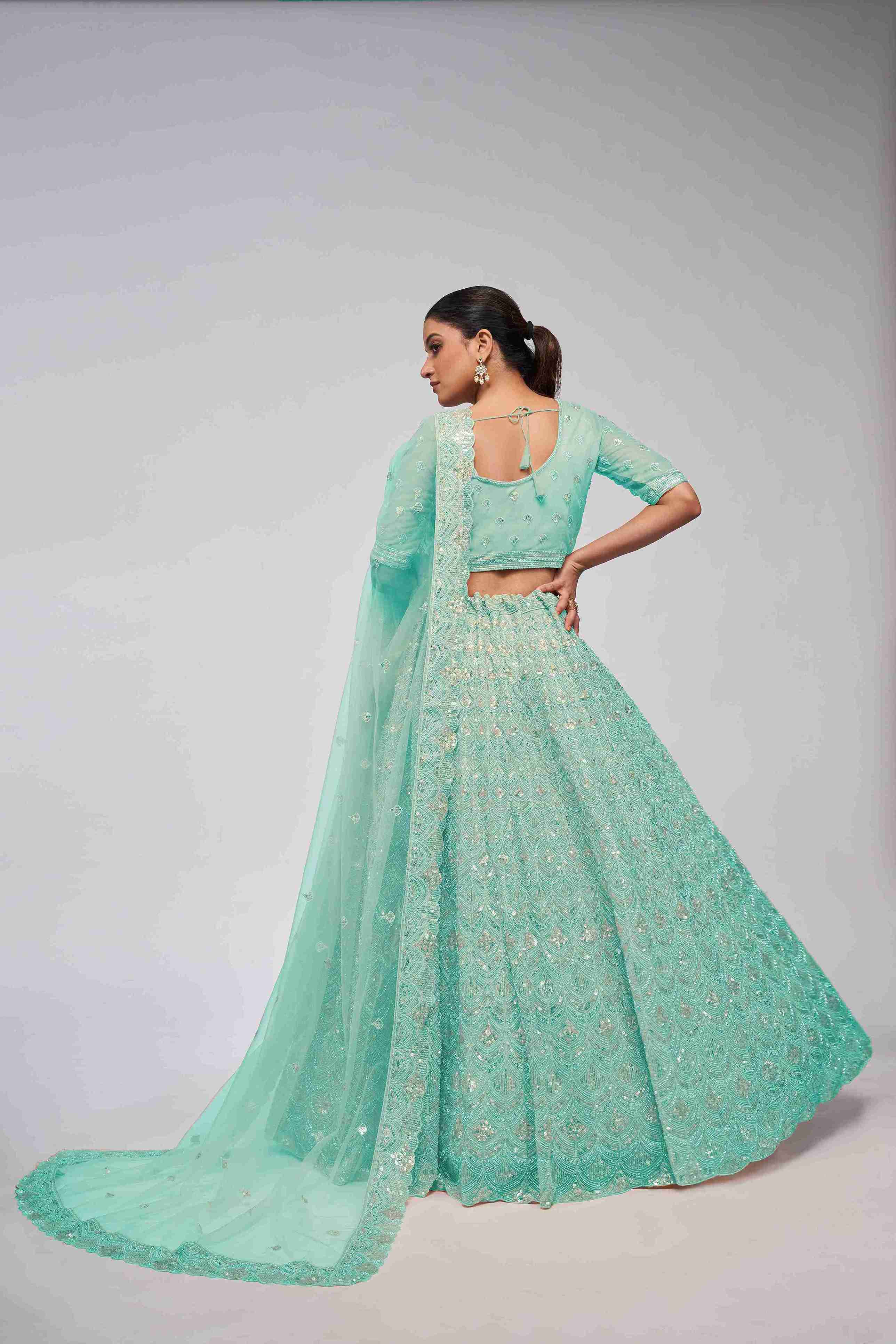 Sea Green Net Diwali Special Lehenga With Embroidery And Sequins Wedding Wear