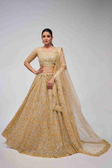 Golden Net Diwali Special A Line Lehenga With Embroidery And Sequins Wedding Wear