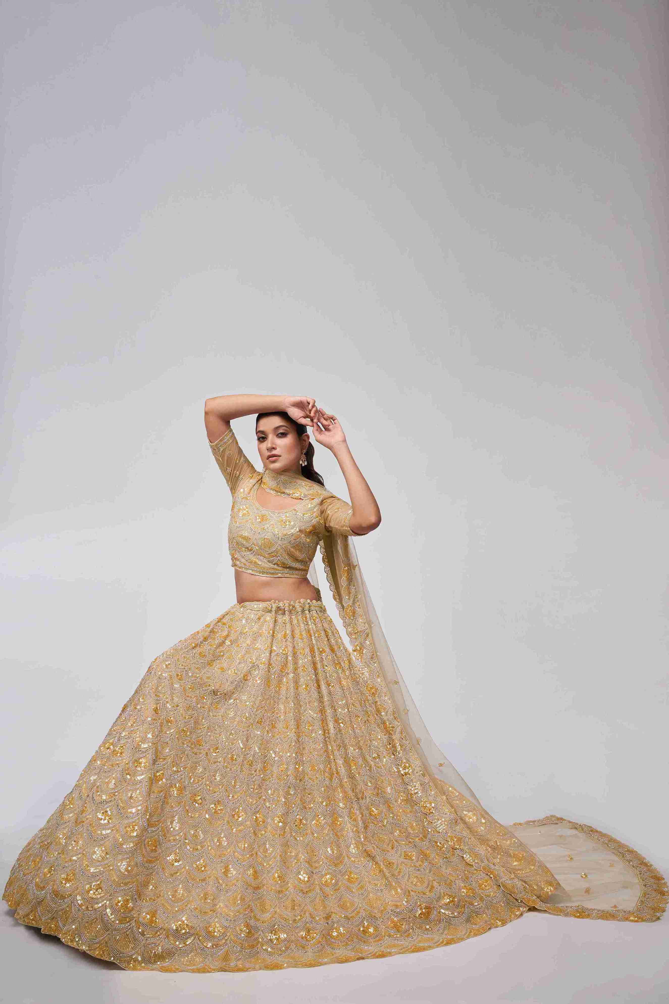 Golden Net Diwali Special A Line Lehenga With Embroidery And Sequins Wedding Wear