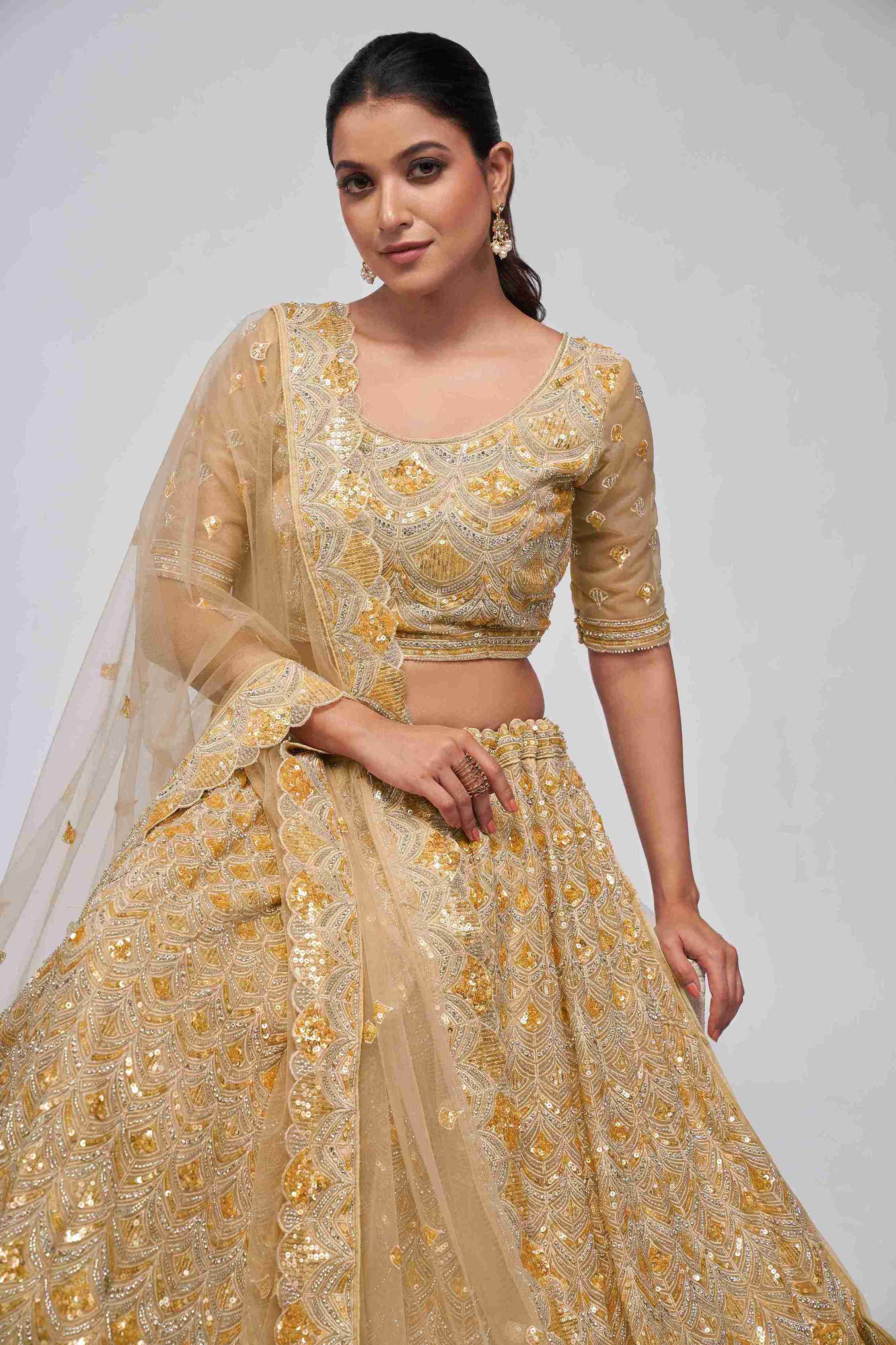 Golden Net Diwali Special A Line Lehenga With Embroidery And Sequins Wedding Wear