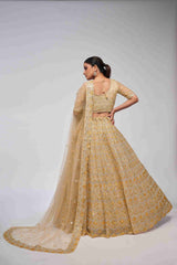 Golden Net Diwali Special A Line Lehenga With Embroidery And Sequins Wedding Wear