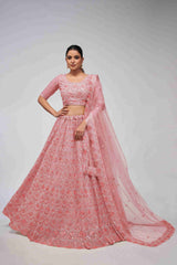 Pink Net Diwali Special Lehenga With Embroidery And Sequins Wedding Wear