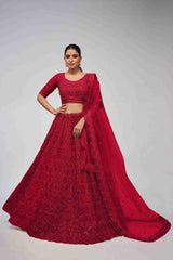 Red Net Diwali Special A Line Lehenga With Embroidery And Sequins Wedding Wear