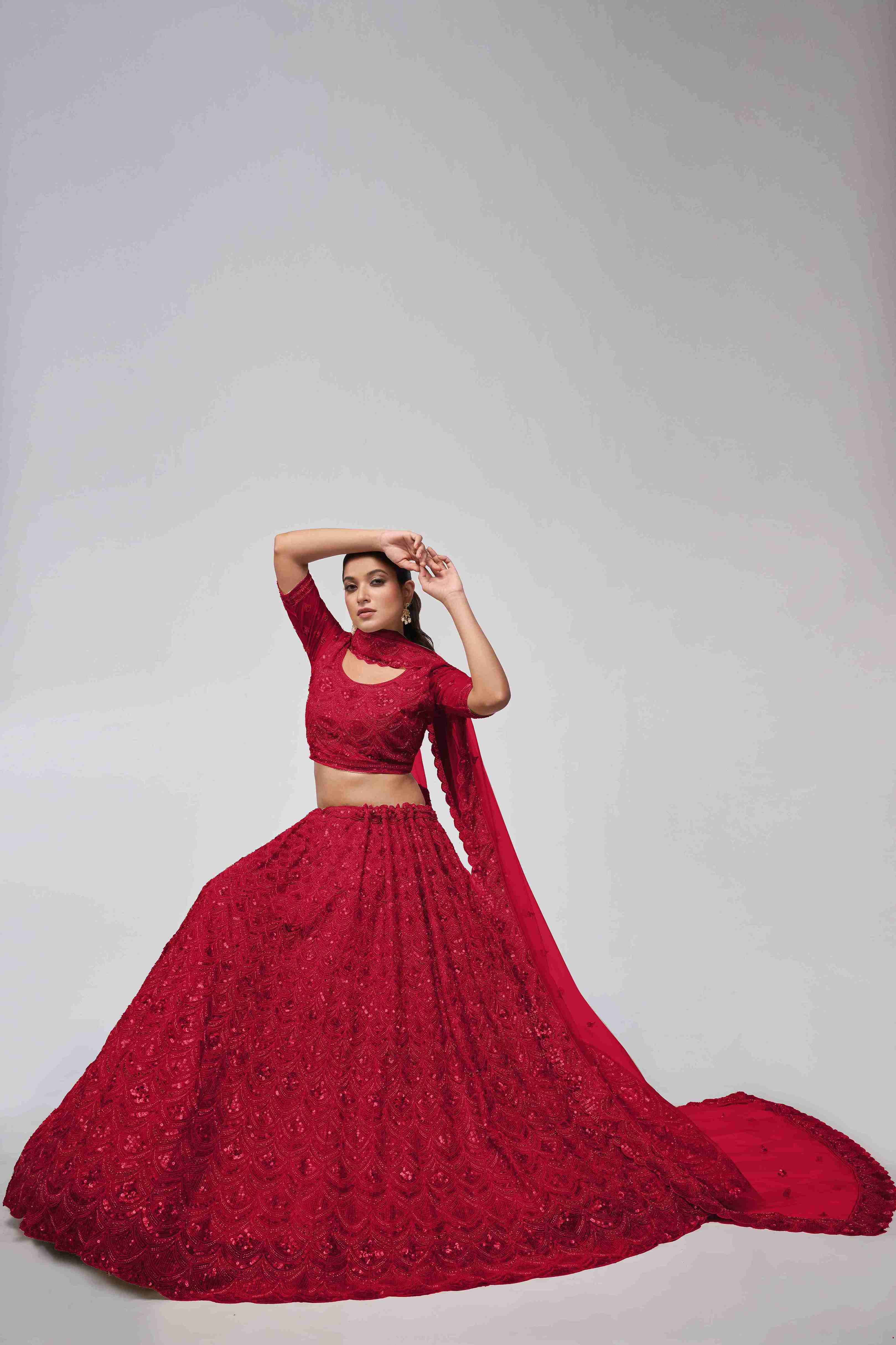 Red Net Diwali Special A Line Lehenga With Embroidery And Sequins Wedding Wear