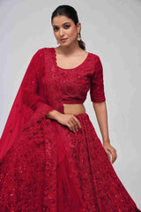 Red Net Diwali Special A Line Lehenga With Embroidery And Sequins Wedding Wear