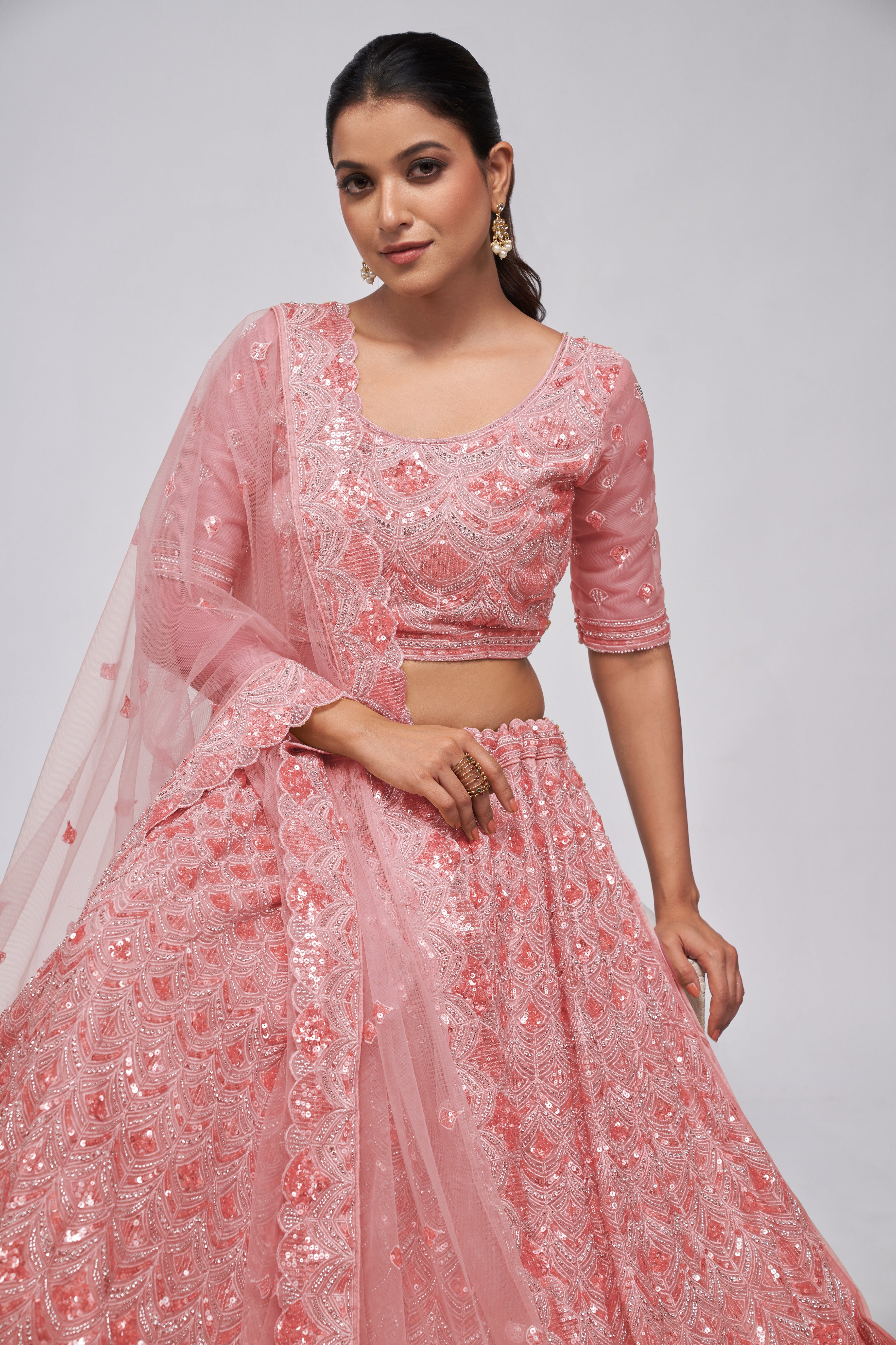 Pink Net Diwali Special Lehenga With Embroidery And Sequins Wedding Wear