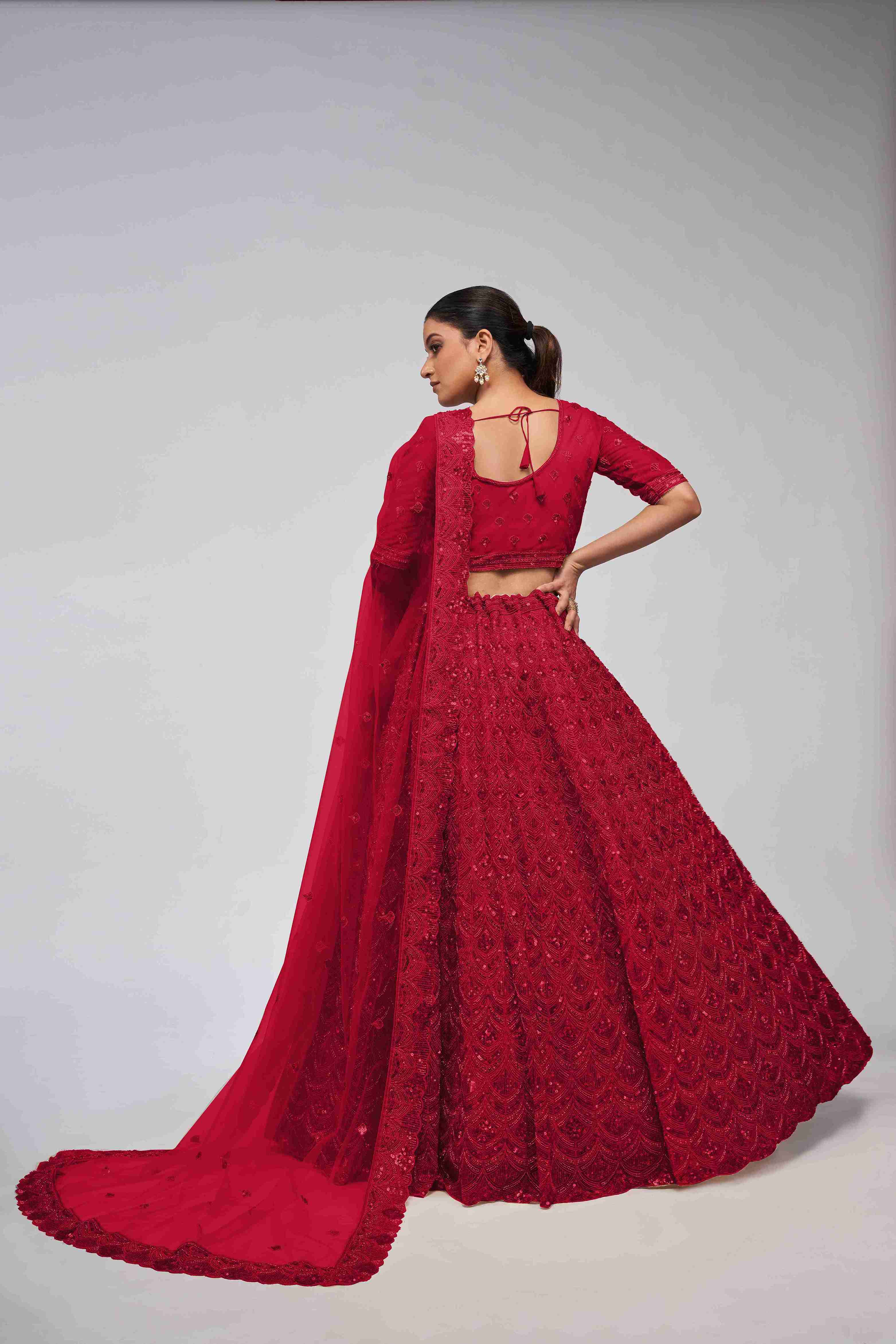 Red Net Diwali Special A Line Lehenga With Embroidery And Sequins Wedding Wear