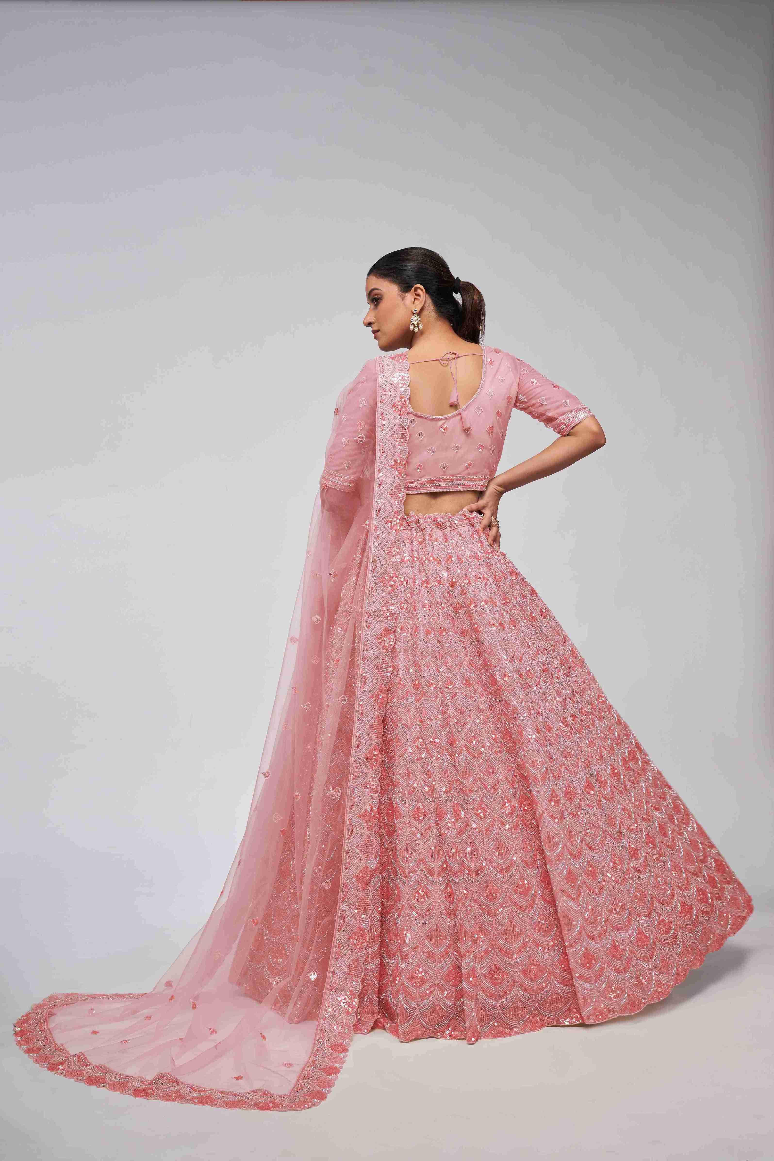 Pink Net Diwali Special Lehenga With Embroidery And Sequins Wedding Wear