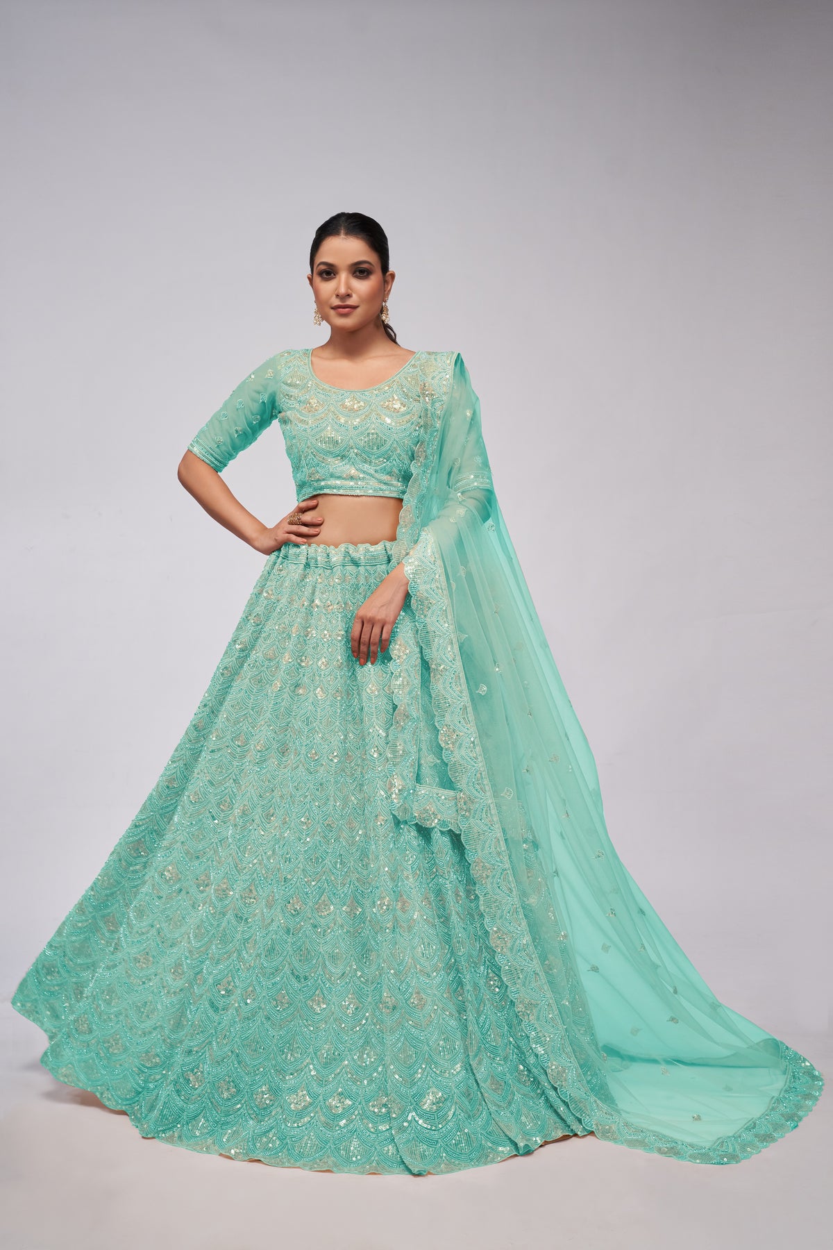 Sea Green Net Diwali Special Lehenga With Embroidery And Sequins Wedding Wear