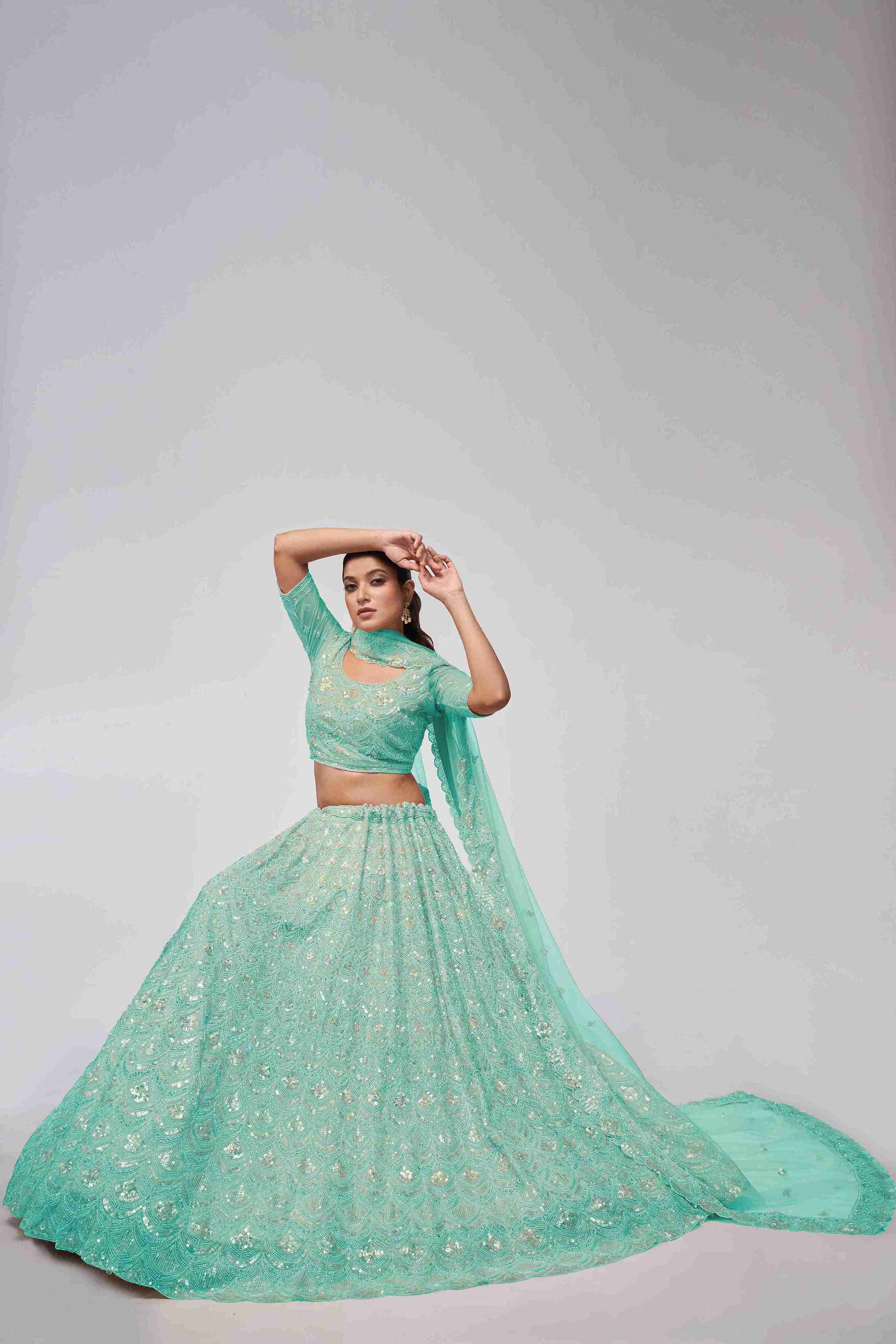 Sea Green Net Diwali Special Lehenga With Embroidery And Sequins Wedding Wear