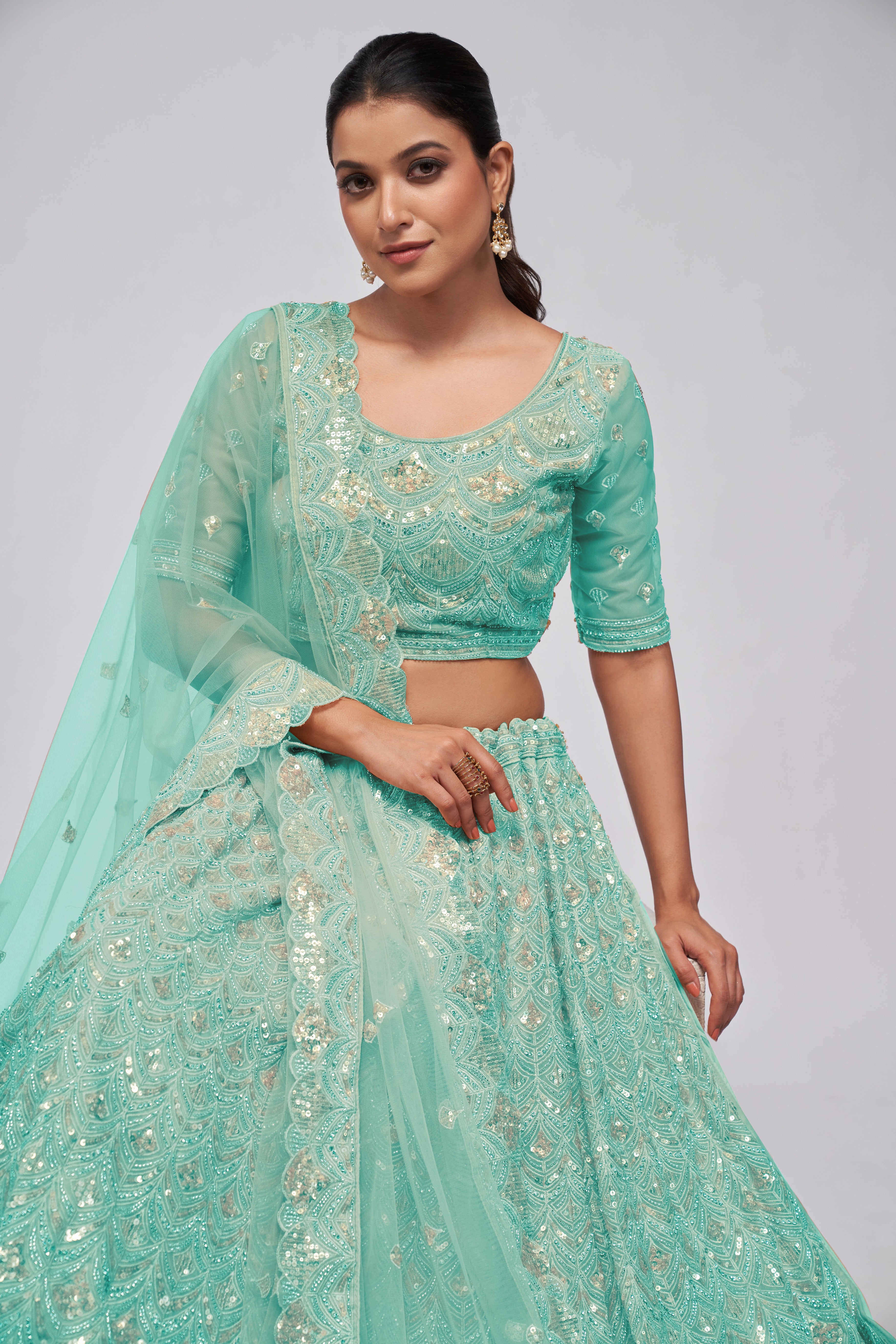 Sea Green Net Diwali Special Lehenga With Embroidery And Sequins Wedding Wear