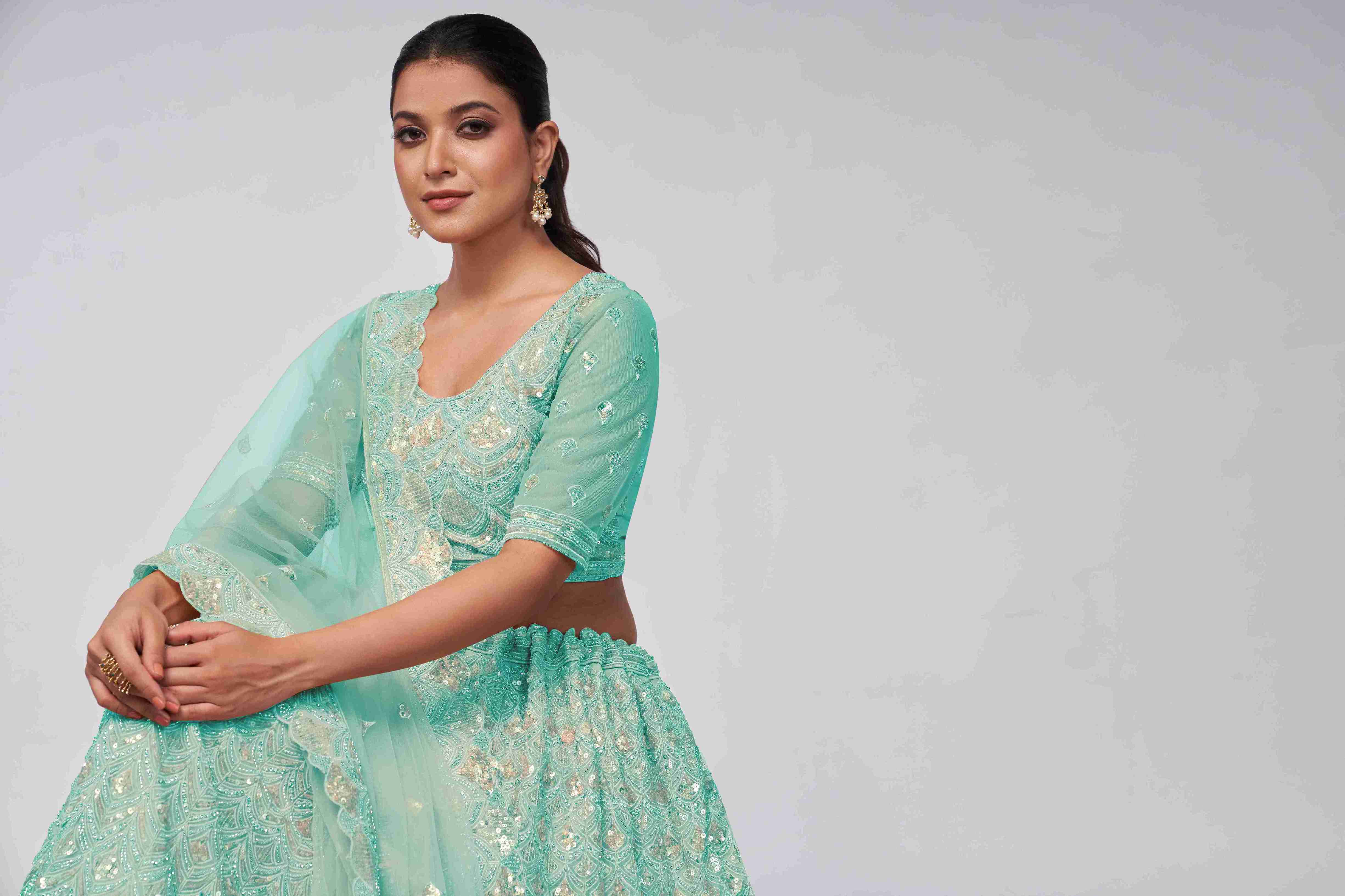 Sea Green Net Diwali Special Lehenga With Embroidery And Sequins Wedding Wear