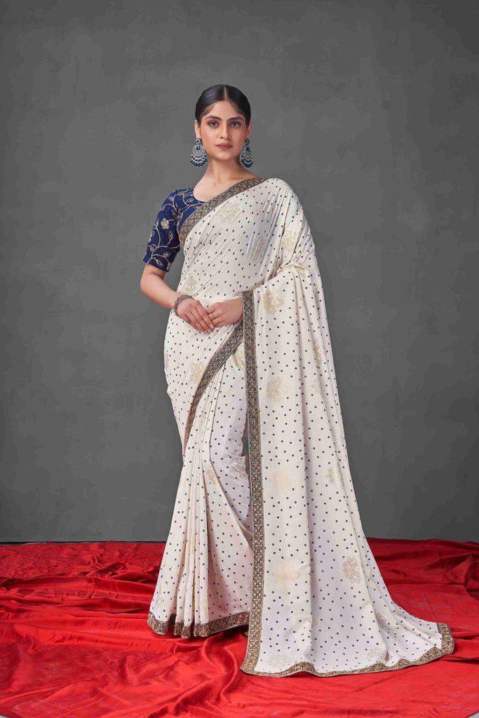 Off White Navy Blue Colored Tussar Silk Bandhani Printed Saree