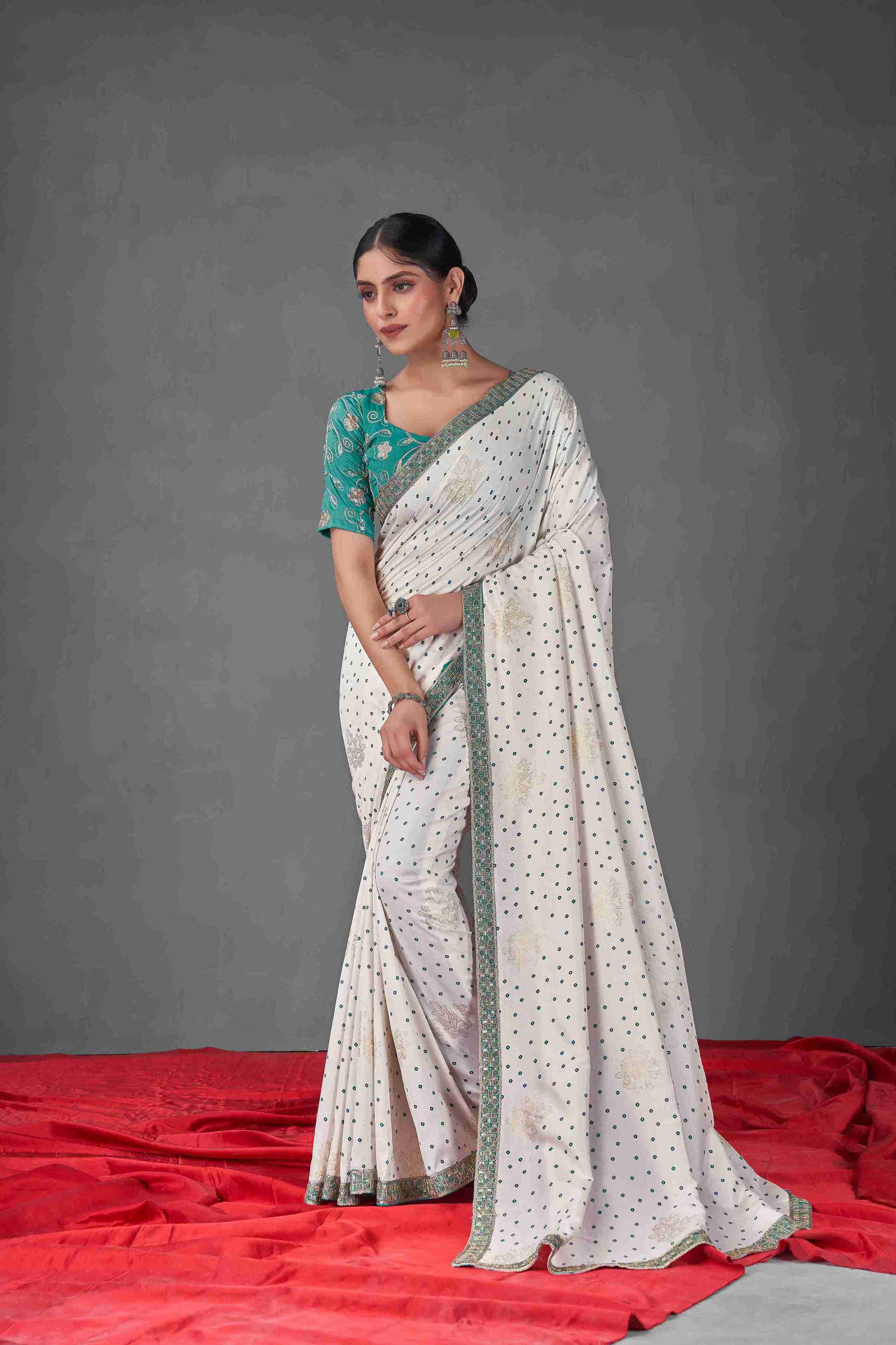 Off White Sea Green Tussar Silk Bandhani Printed Saree