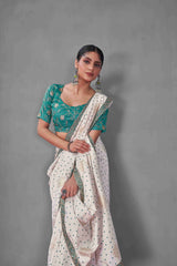 Off White Sea Green Tussar Silk Bandhani Printed Saree