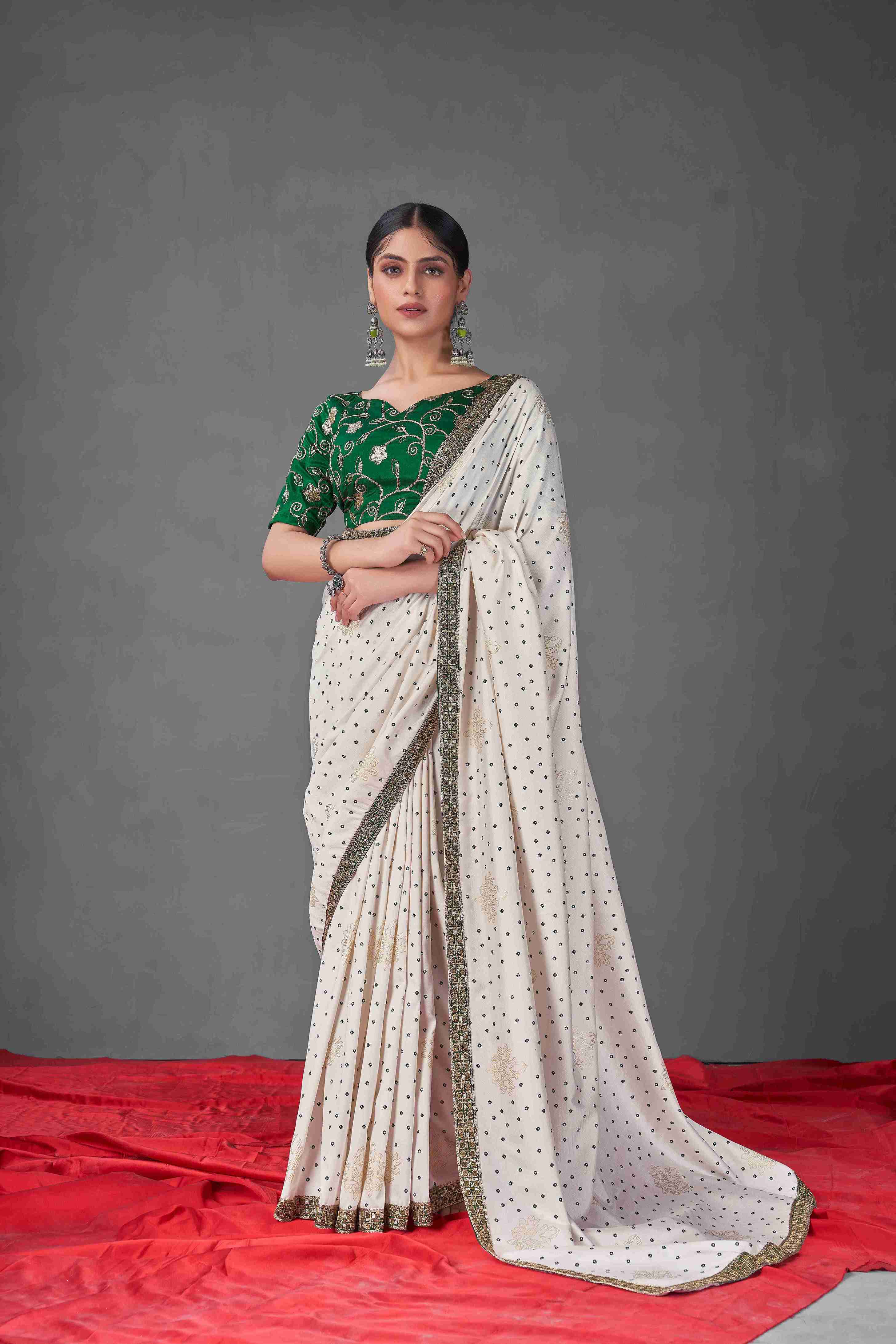 Off White Green Tussar Silk Bandhani Printed Saree