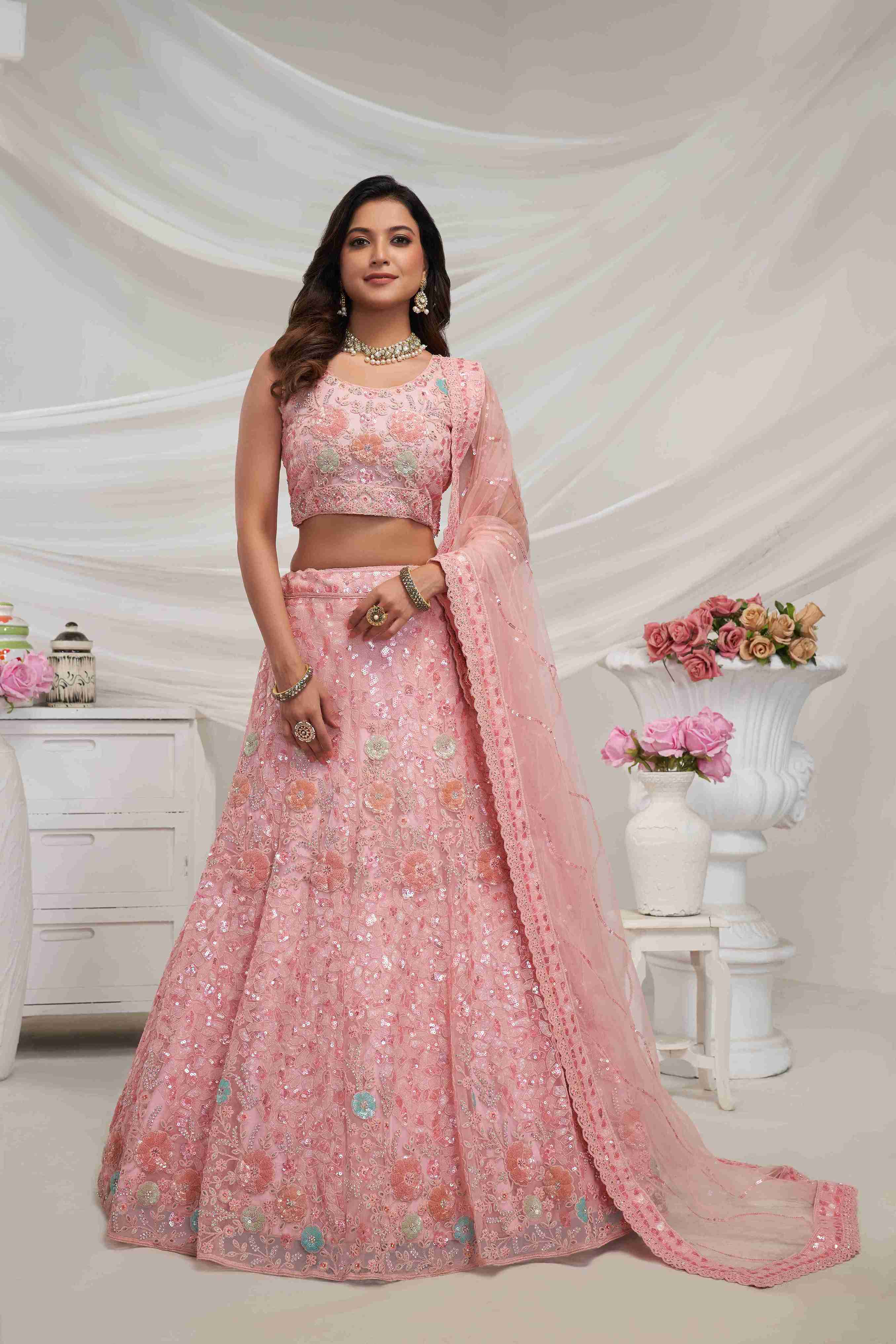 Pink Net Diwali Special A Line Lehenga With Embroidery And Sequins Wedding Wear