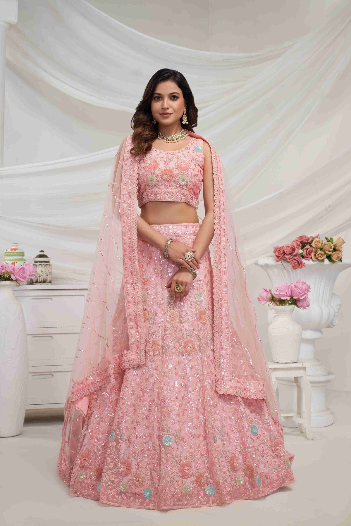 Pink Net Diwali Special A Line Lehenga With Embroidery And Sequins Wedding Wear