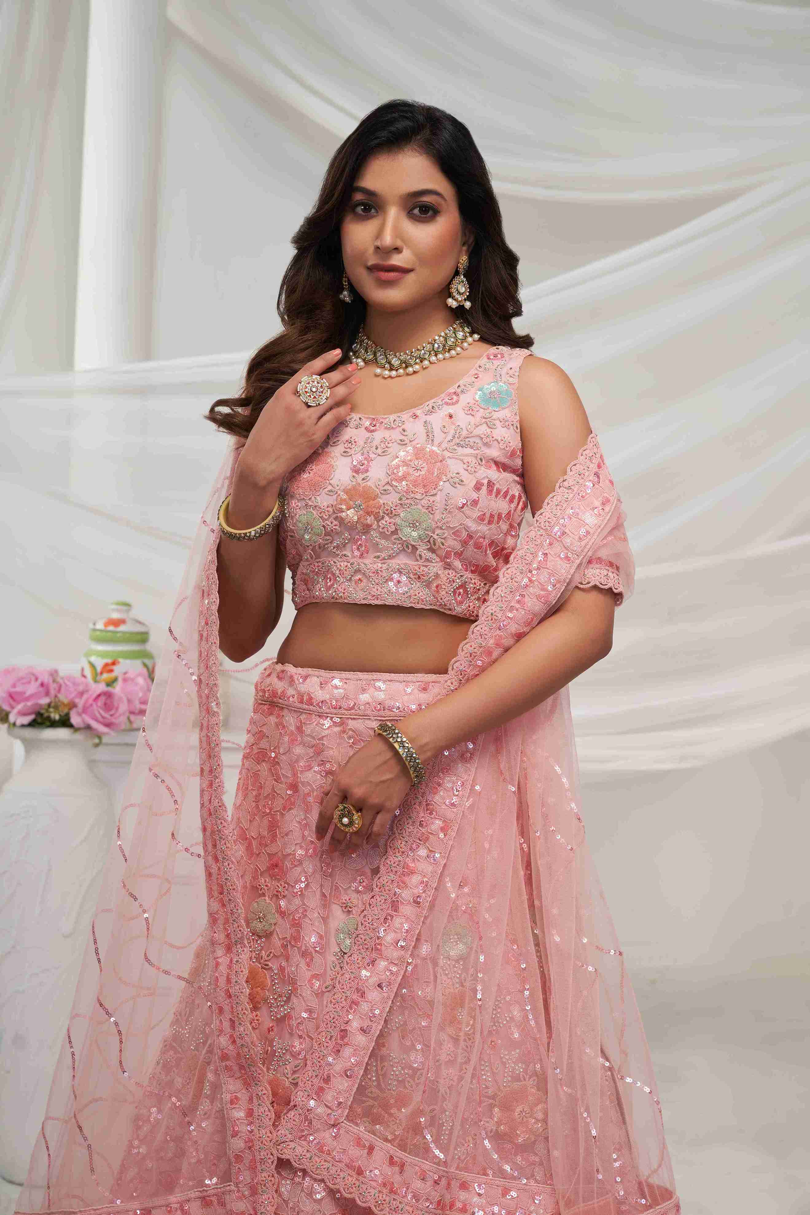 Pink Net Diwali Special A Line Lehenga With Embroidery And Sequins Wedding Wear