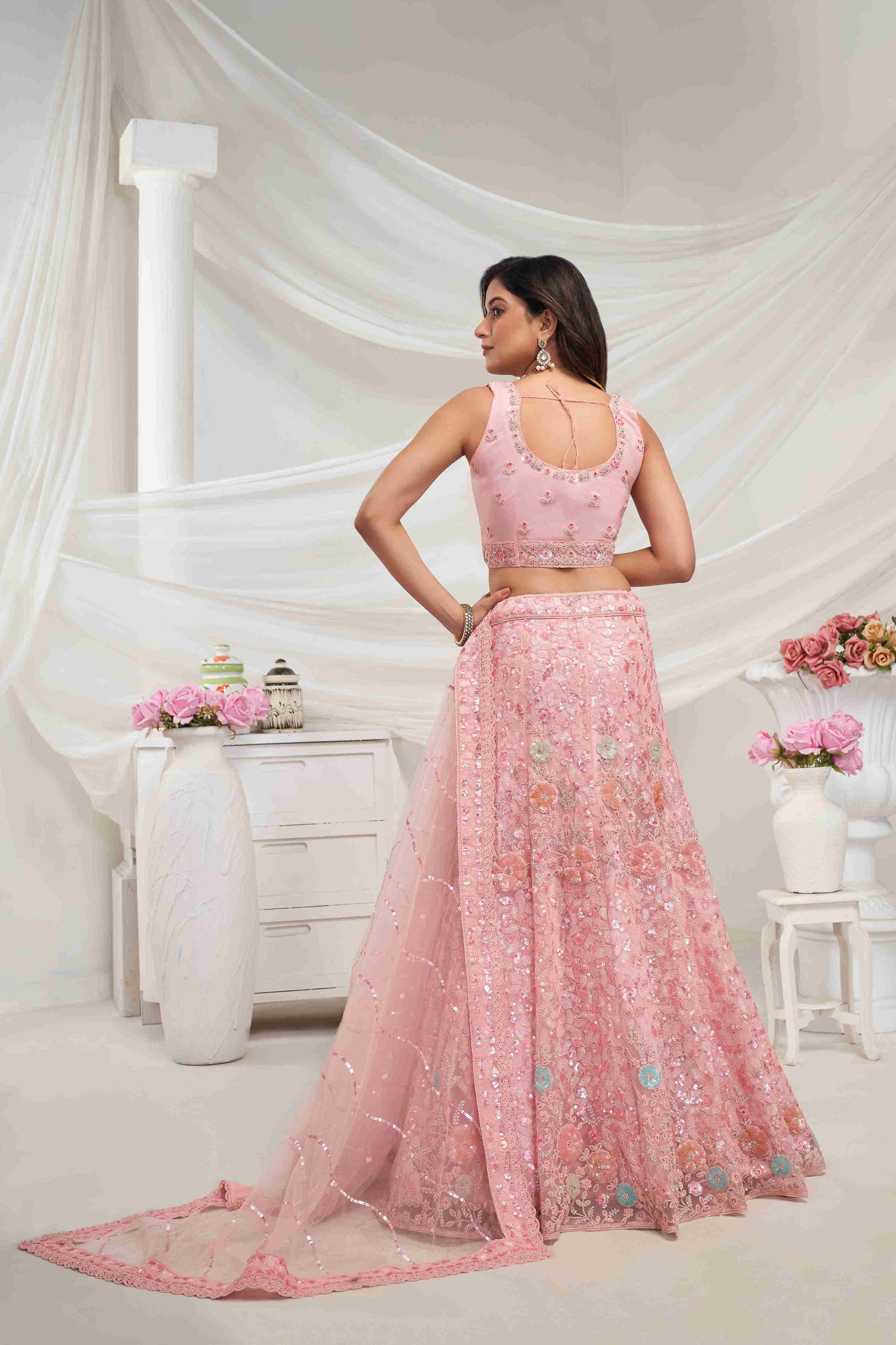 Pink Net Diwali Special A Line Lehenga With Embroidery And Sequins Wedding Wear