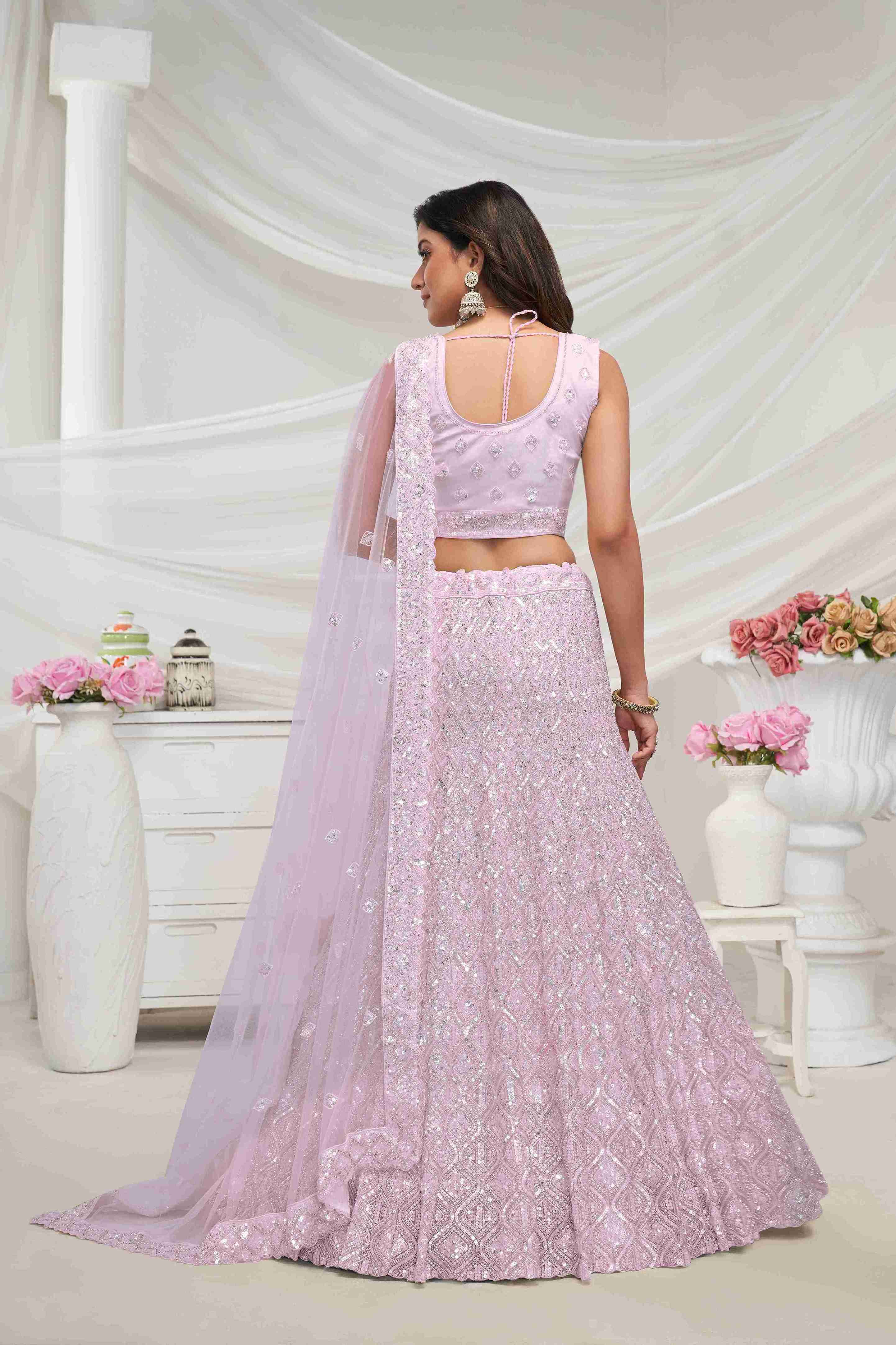 Lavender Net Diwali Special A Line Lehenga With Embroidery And Sequins Wedding Wear