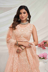 Peach Net Diwali Special A Line Lehenga With Embroidery And Sequins Wedding Wear