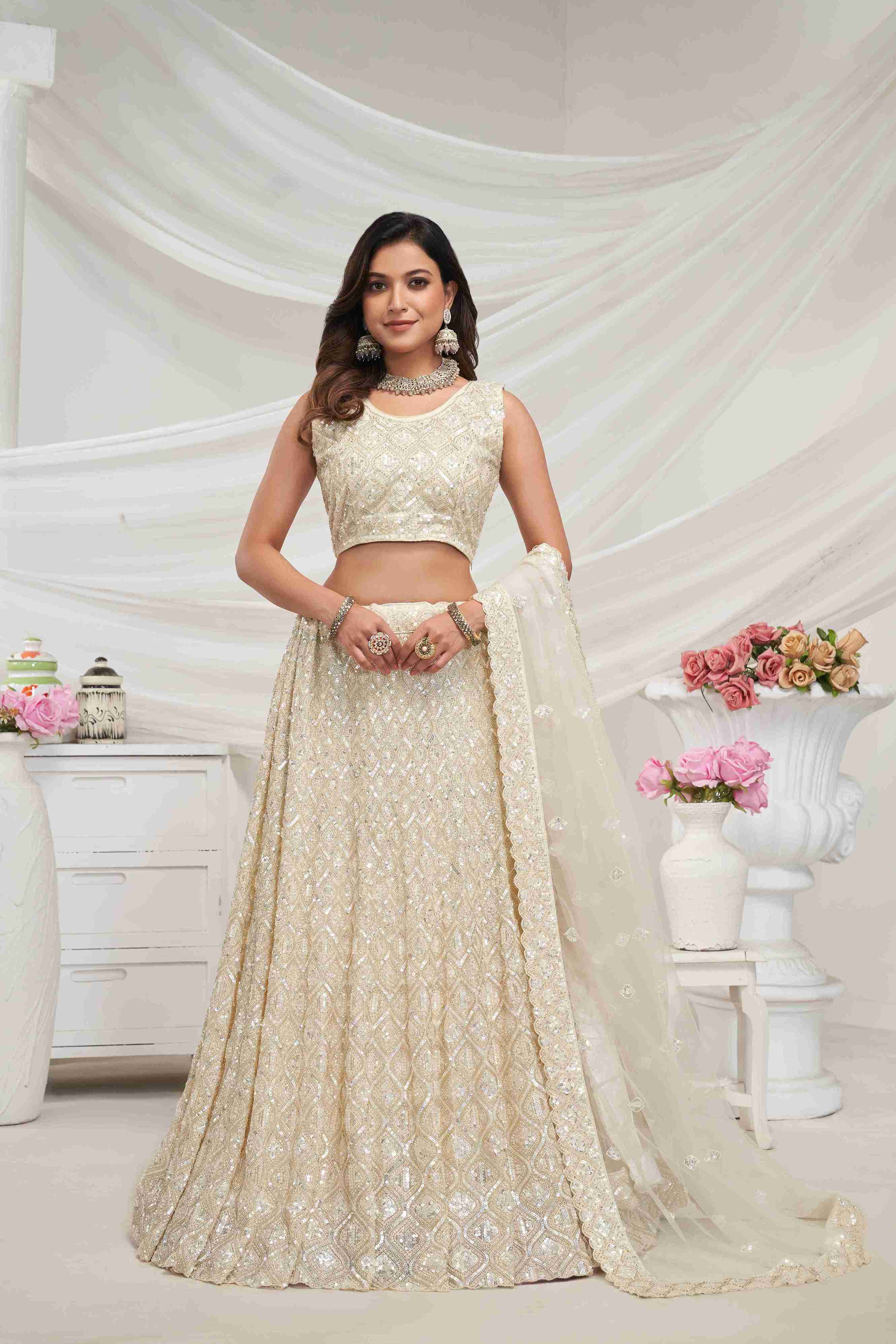 Ivory Net Diwali Special A Line Lehenga With Embroidery And Sequins Wedding Wear