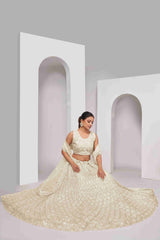 Ivory Net Diwali Special A Line Lehenga With Embroidery And Sequins Wedding Wear