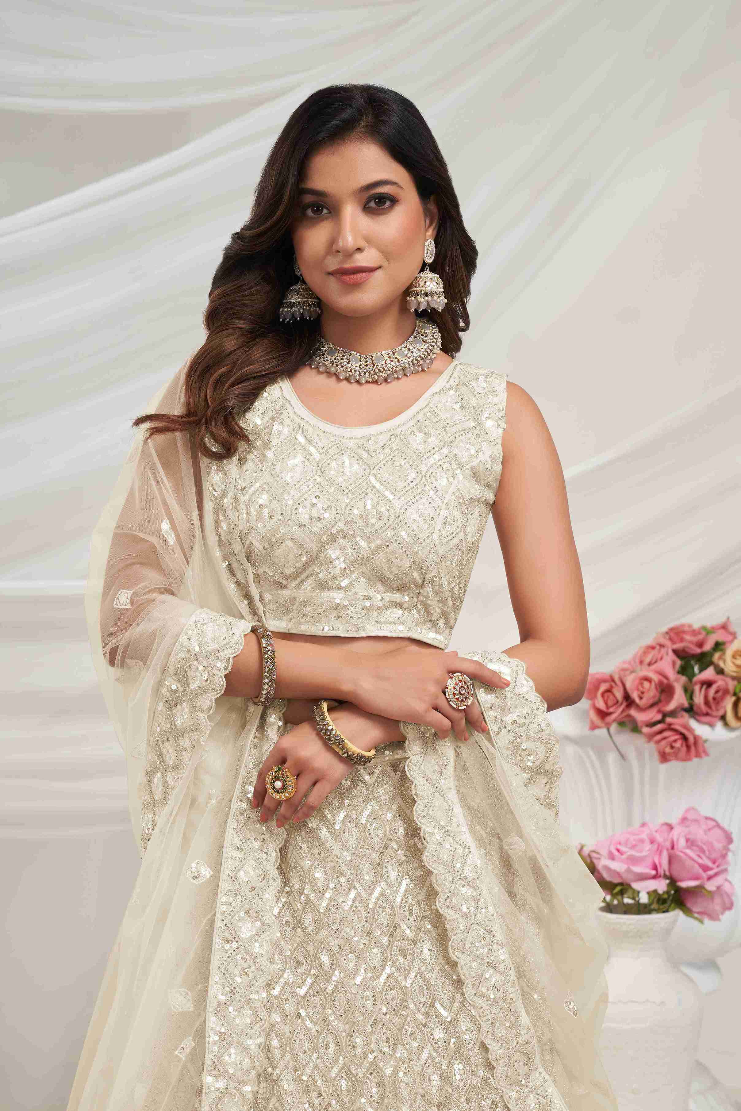 Ivory Net Diwali Special A Line Lehenga With Embroidery And Sequins Wedding Wear