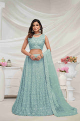 Sky Blue Net Diwali Special A Line Lehenga With Embroidery And Sequins Wedding Wear