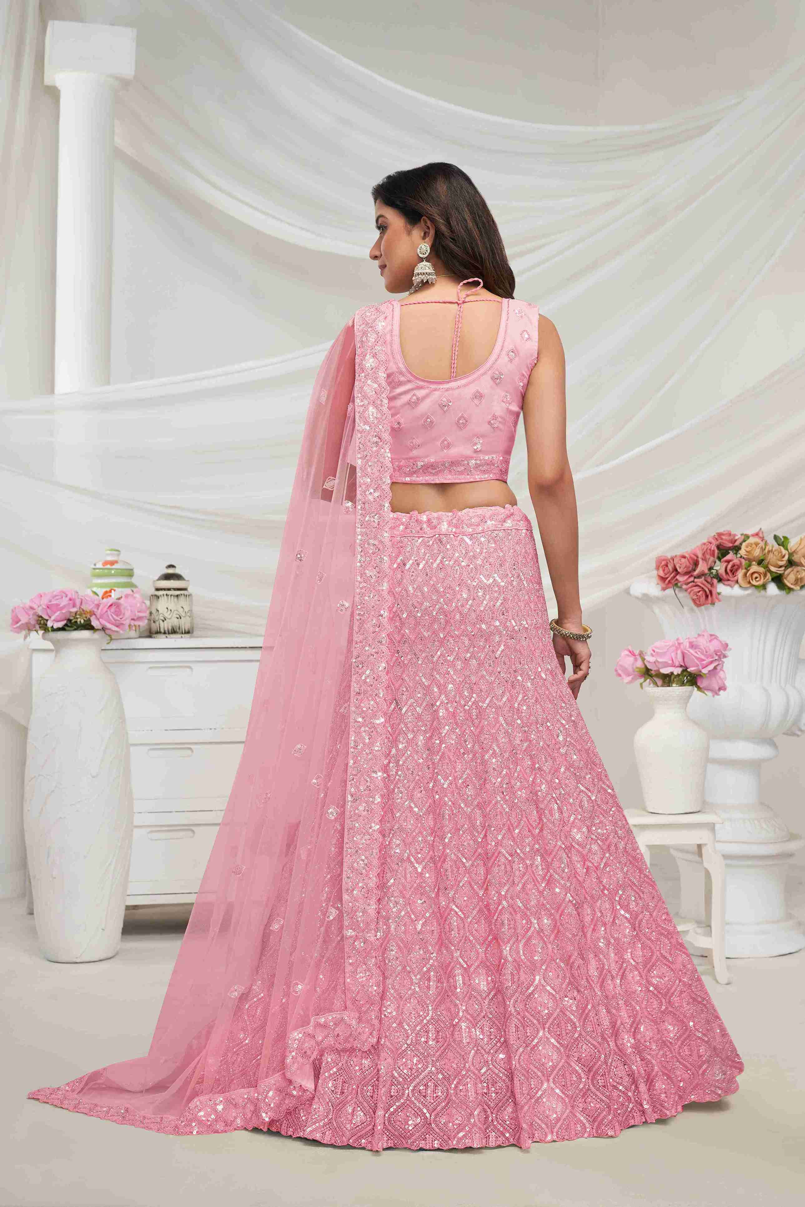 Pink Net Diwali Special A Line Lehenga With Embroidery And Sequins Wedding Wear