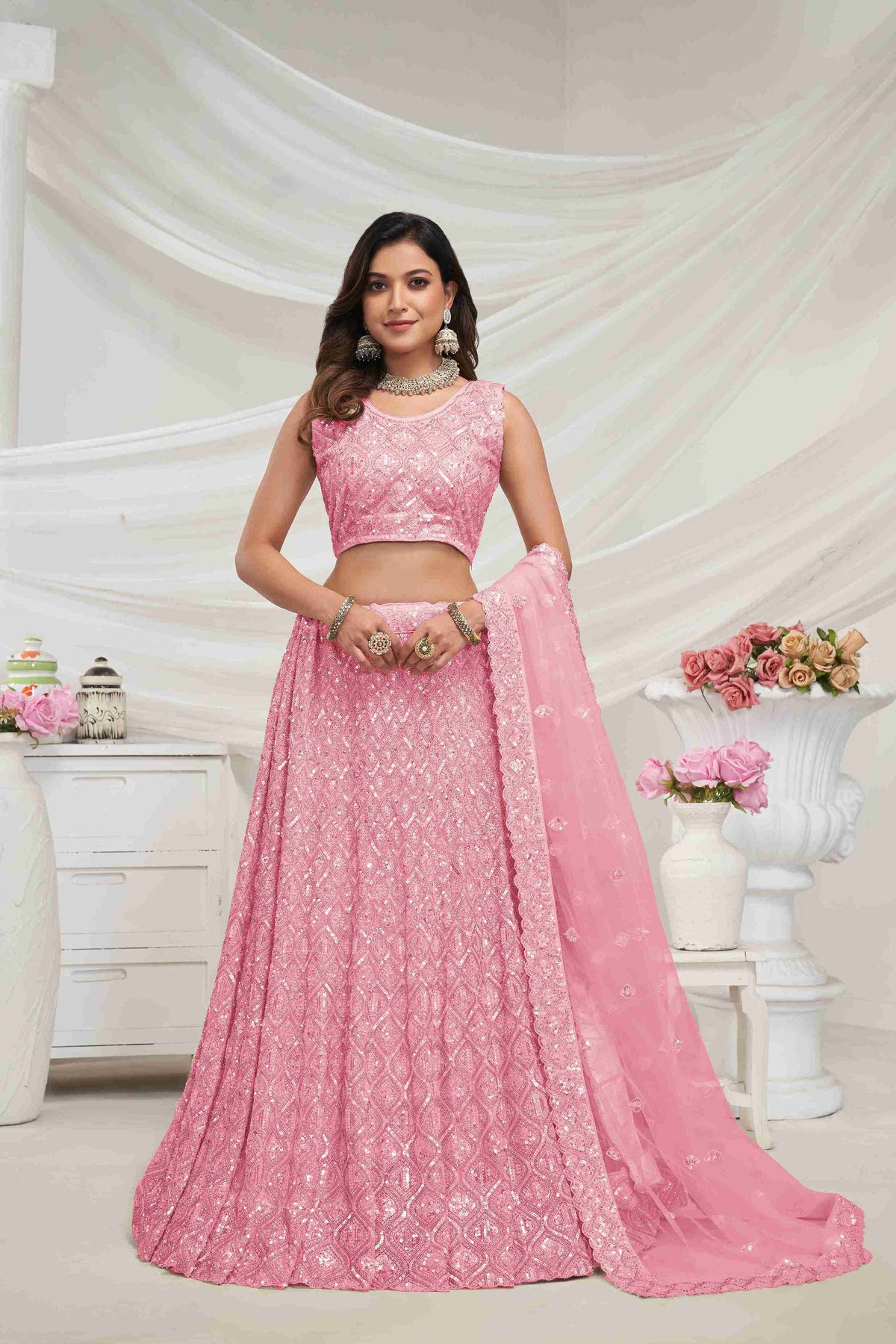 Pink Net Diwali Special A Line Lehenga With Embroidery And Sequins Wedding Wear