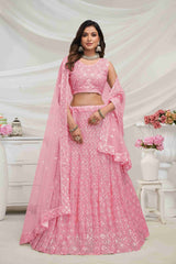 Pink Net Diwali Special A Line Lehenga With Embroidery And Sequins Wedding Wear