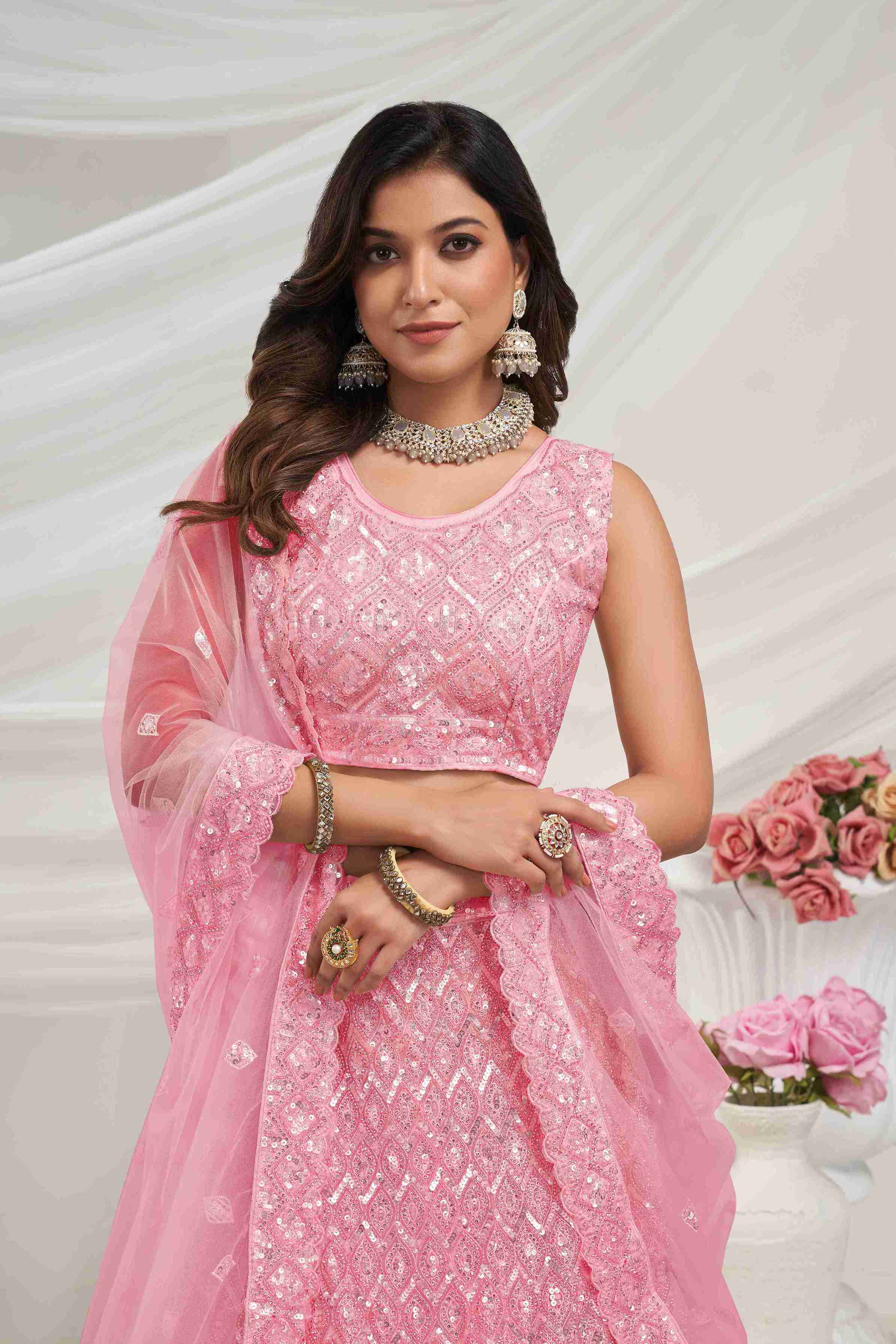 Pink Net Diwali Special A Line Lehenga With Embroidery And Sequins Wedding Wear