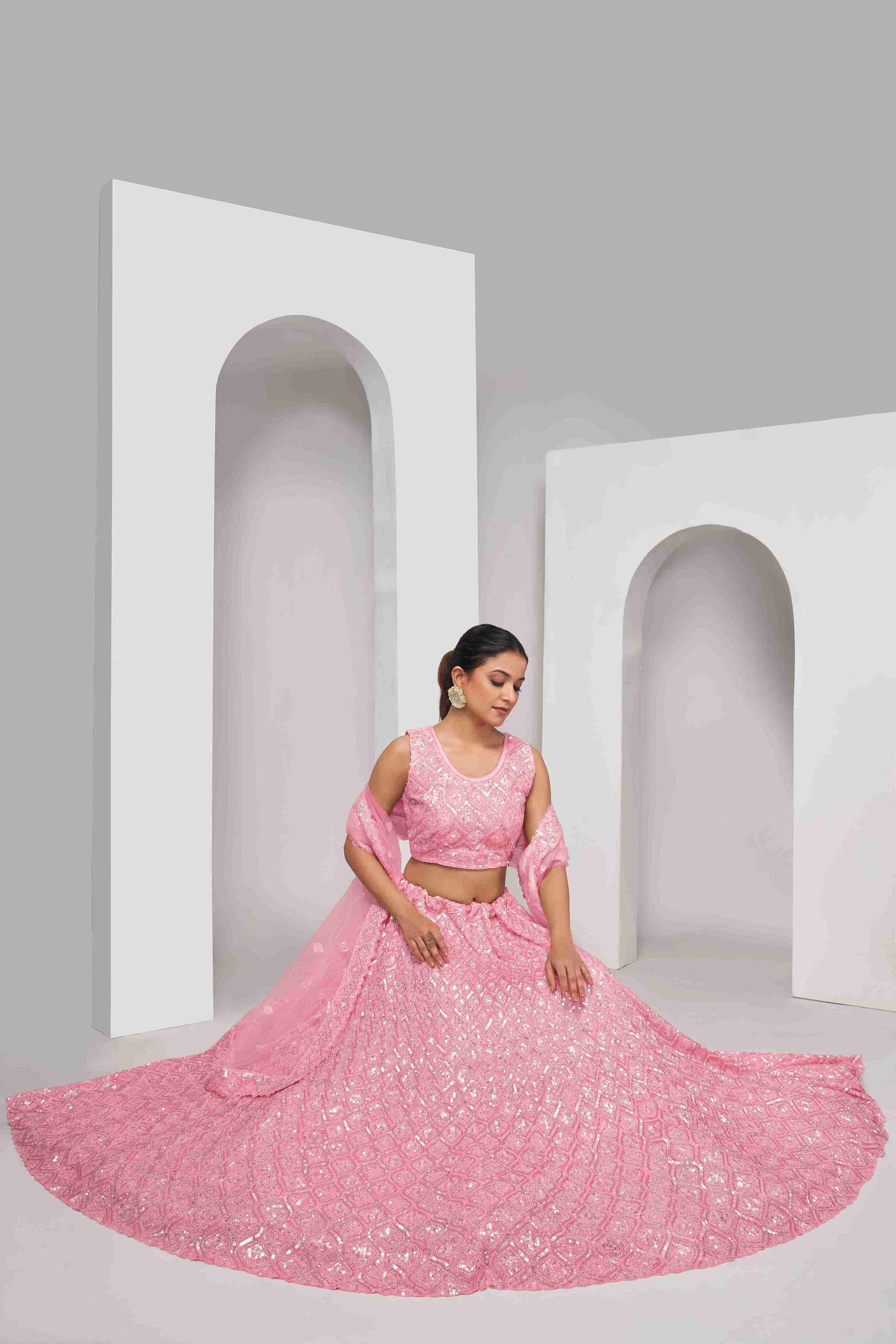 Pink Net Diwali Special A Line Lehenga With Embroidery And Sequins Wedding Wear