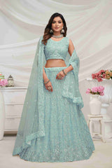 Sky Blue Net Diwali Special A Line Lehenga With Embroidery And Sequins Wedding Wear