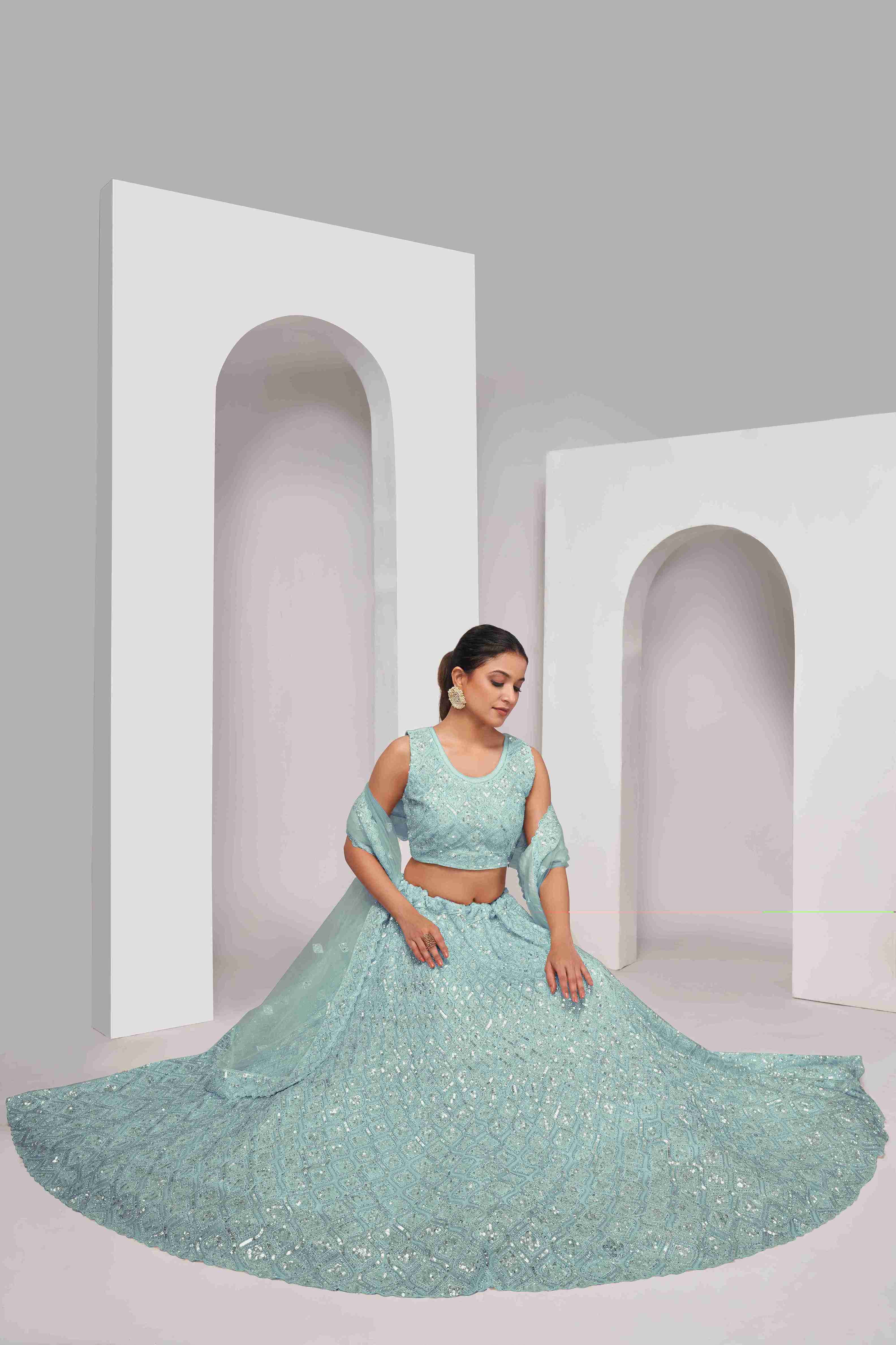 Sky Blue Net Diwali Special A Line Lehenga With Embroidery And Sequins Wedding Wear