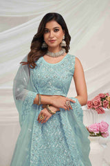 Sky Blue Net Diwali Special A Line Lehenga With Embroidery And Sequins Wedding Wear