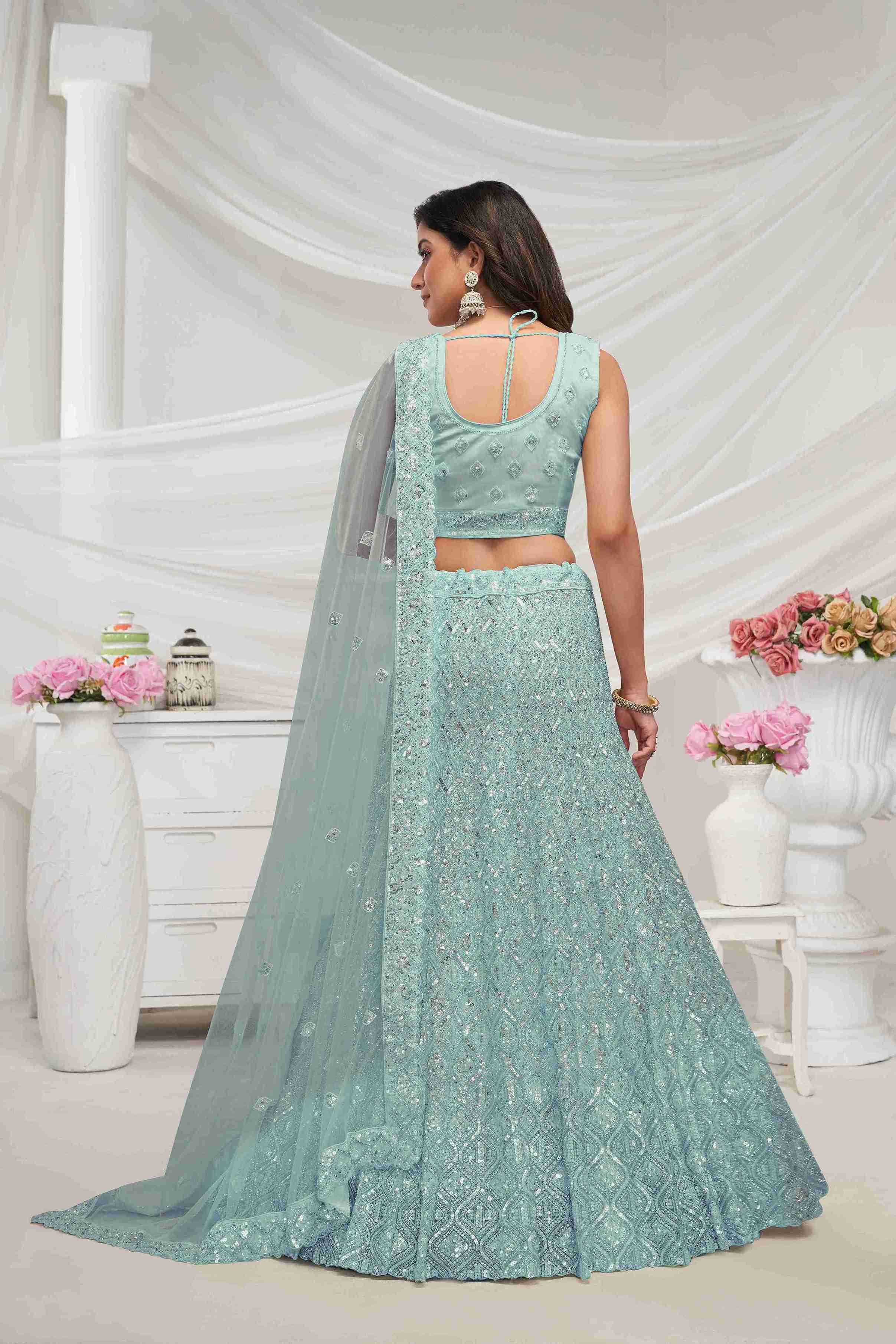 Sky Blue Net Diwali Special A Line Lehenga With Embroidery And Sequins Wedding Wear