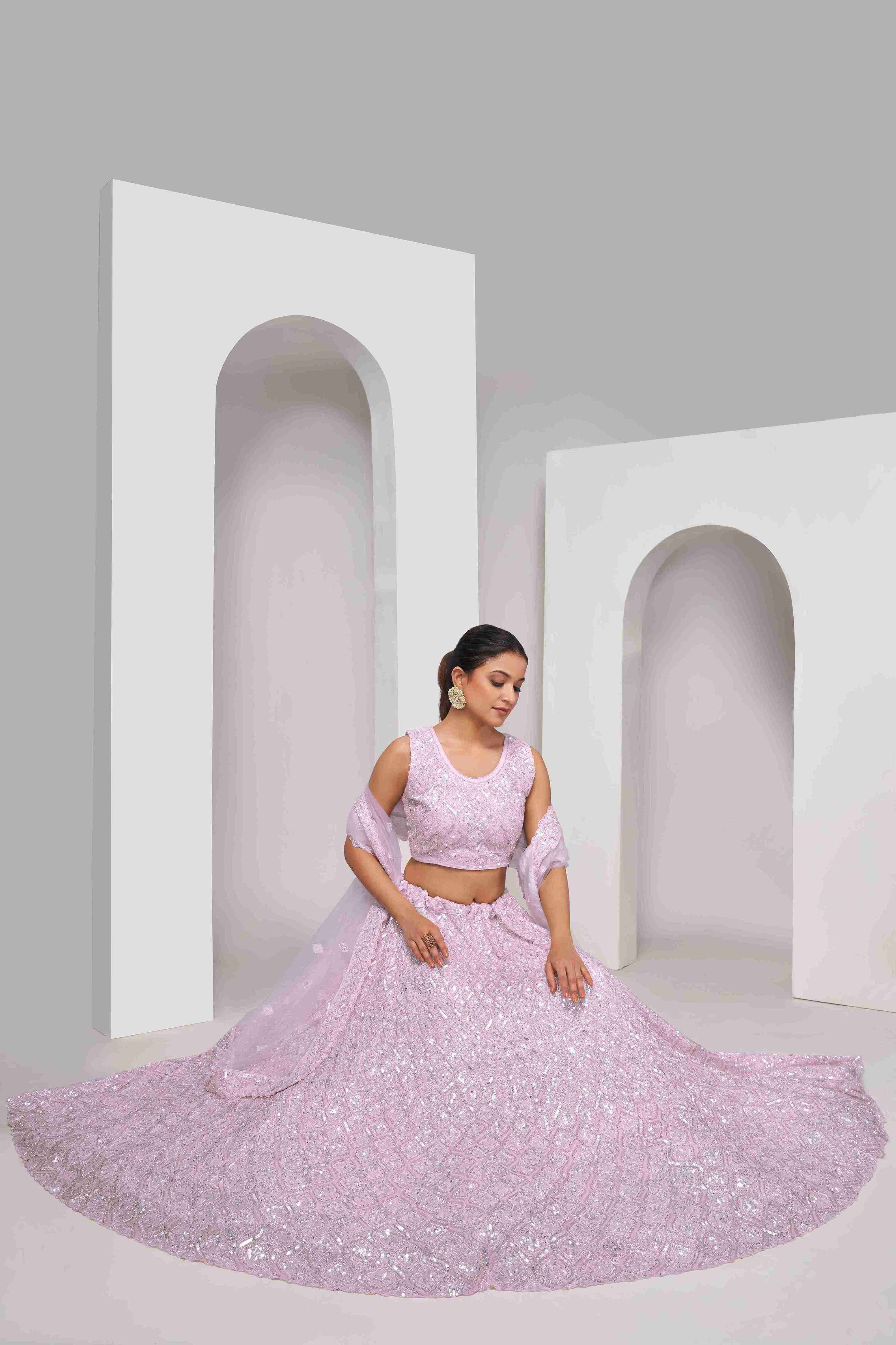 Lavender Net Diwali Special A Line Lehenga With Embroidery And Sequins Wedding Wear