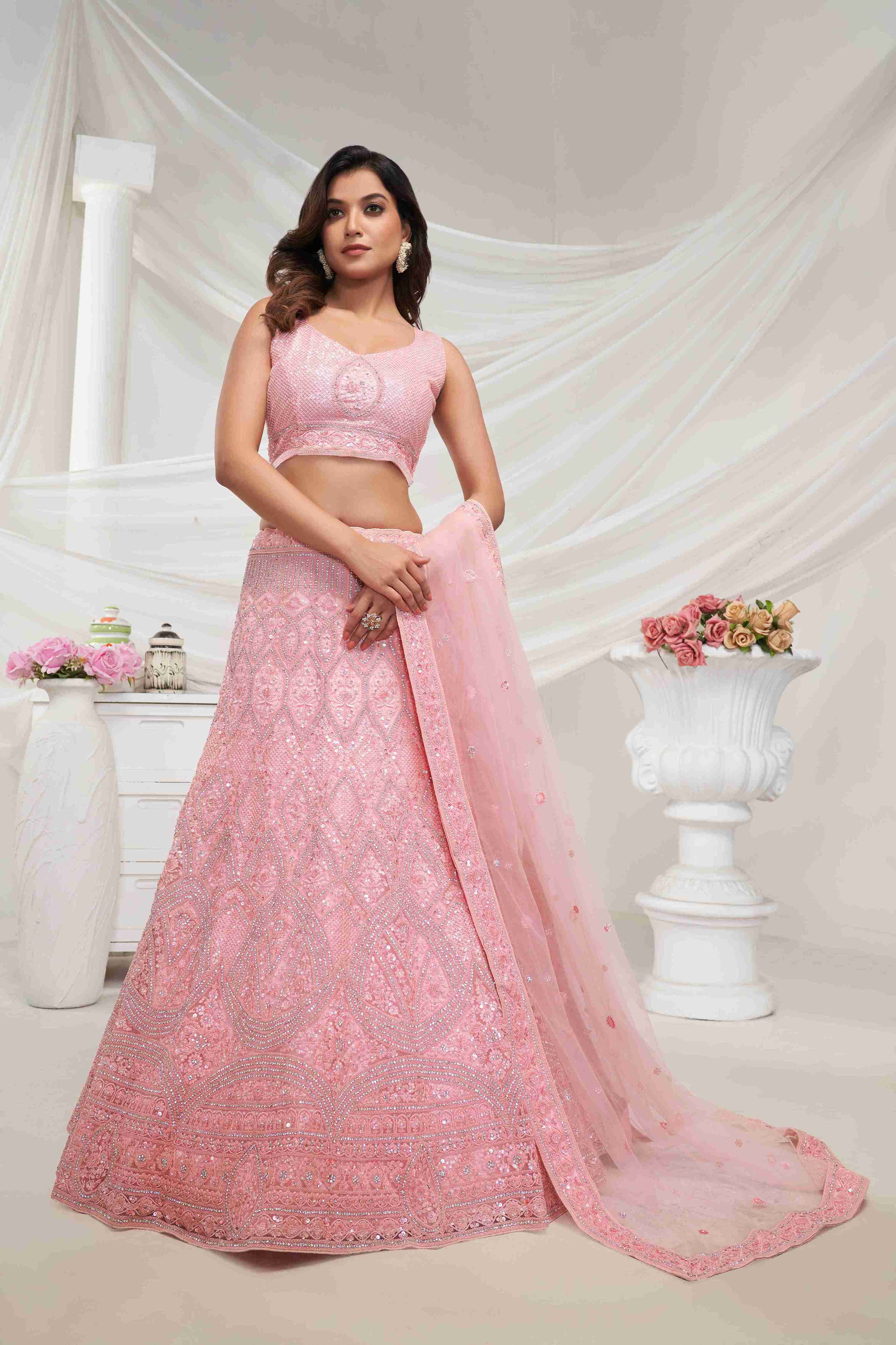 Pink Net Diwali Special A Line Lehenga With Embroidery And Sequins Wedding Wear