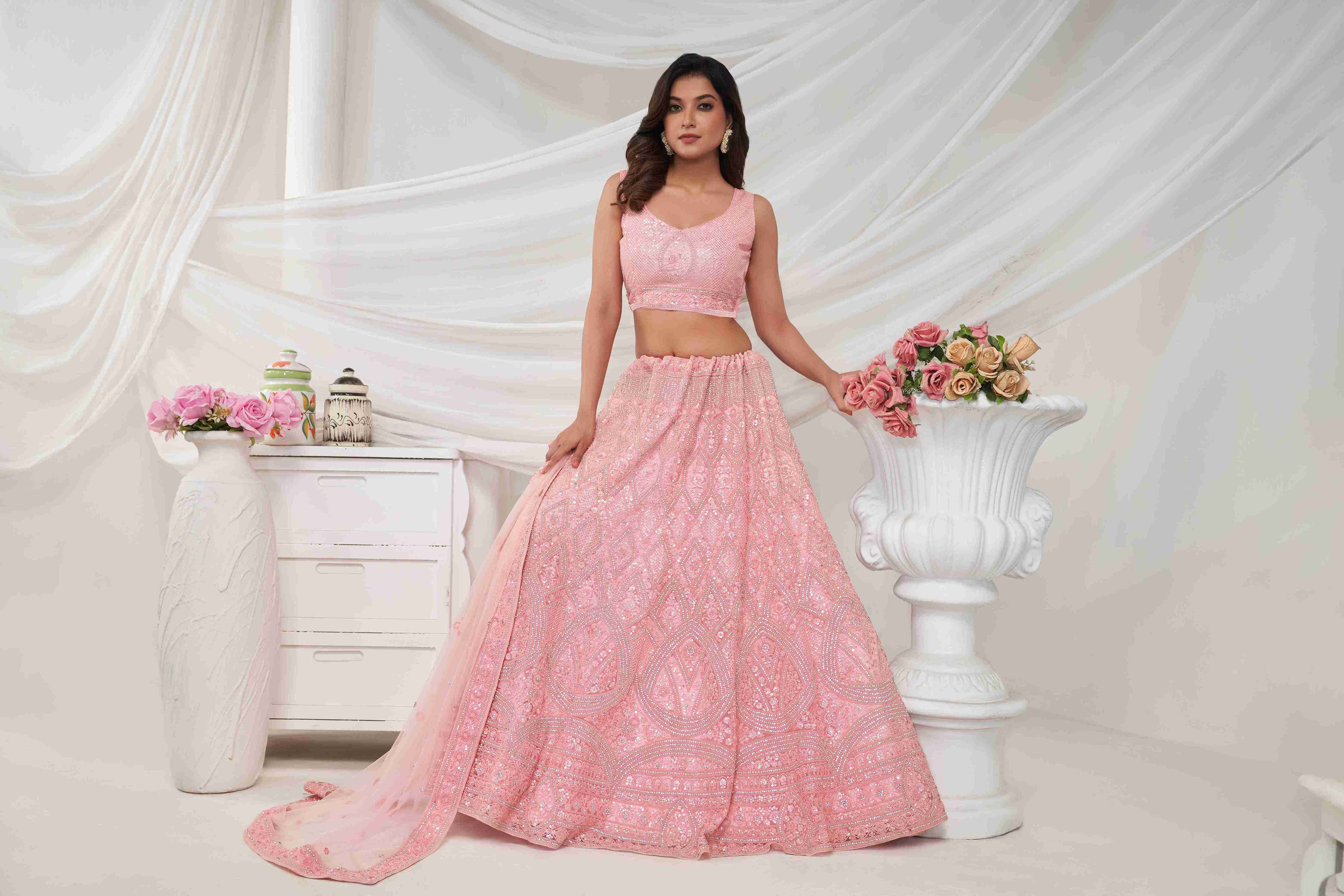 Pink Net Diwali Special A Line Lehenga With Embroidery And Sequins Wedding Wear